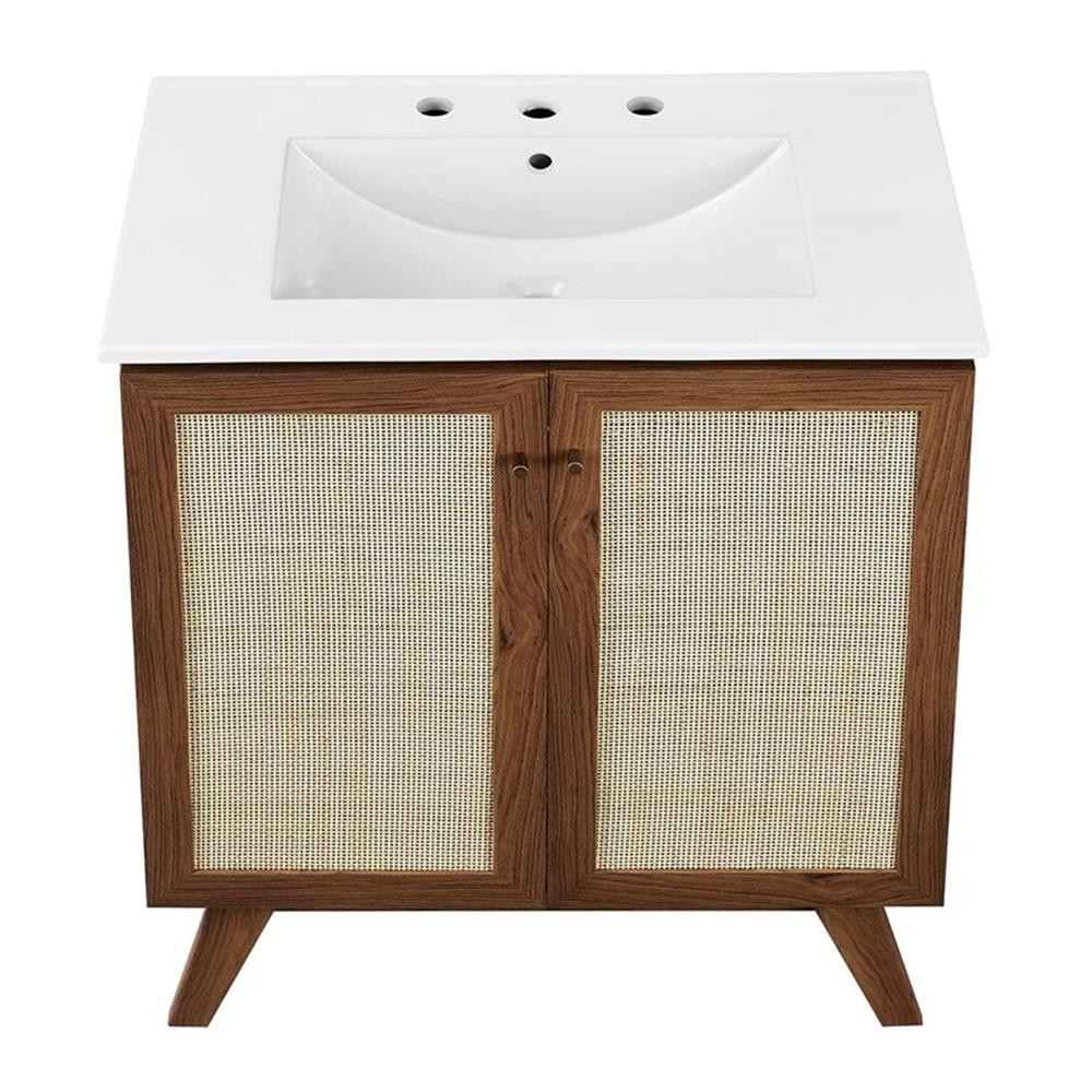 Modway Soma 30″ Modern Wood Bathroom Vanity with Rattan Door in Walnut/White