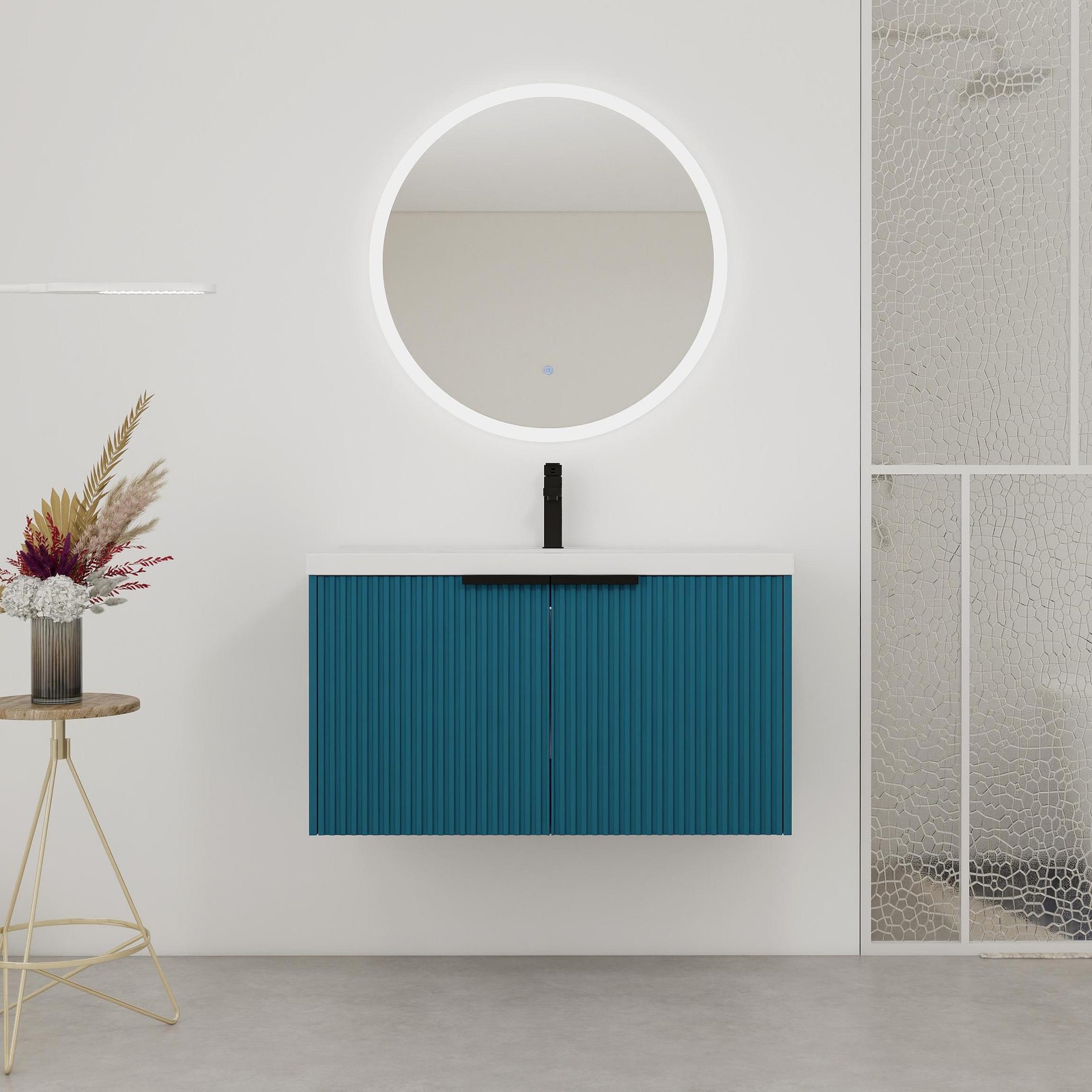 36 Inch Wall Mounted Bathroom Vanity with Resin Sink & Soft-Close Doors