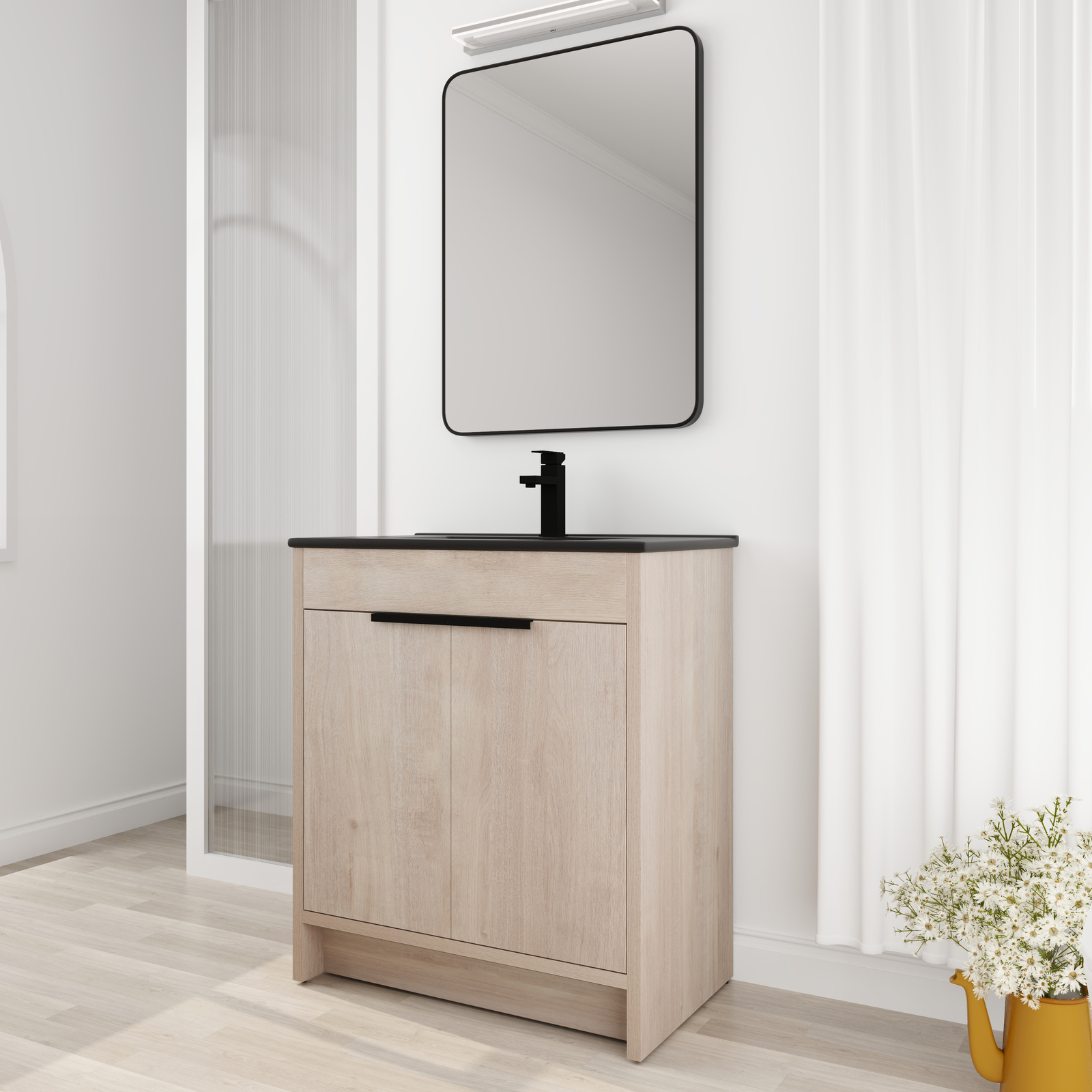30″ Wooden Free Standing Bathroom Vanity W/ Black Sink Basin + Adjustable Shelf