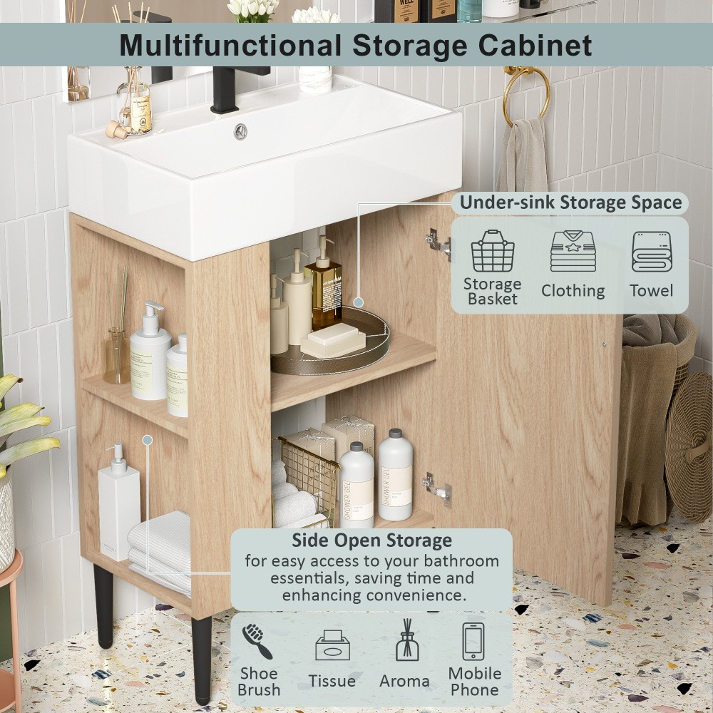 21.6″ Wood Bathroom Vanity，Ceramic Sink，Free-Standing Cabinet，Left Side Storage