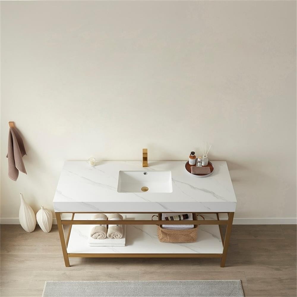 Funes 48″ Single Sink Bathroom Vanity in Brushed Gold Frame White Top No Mirror