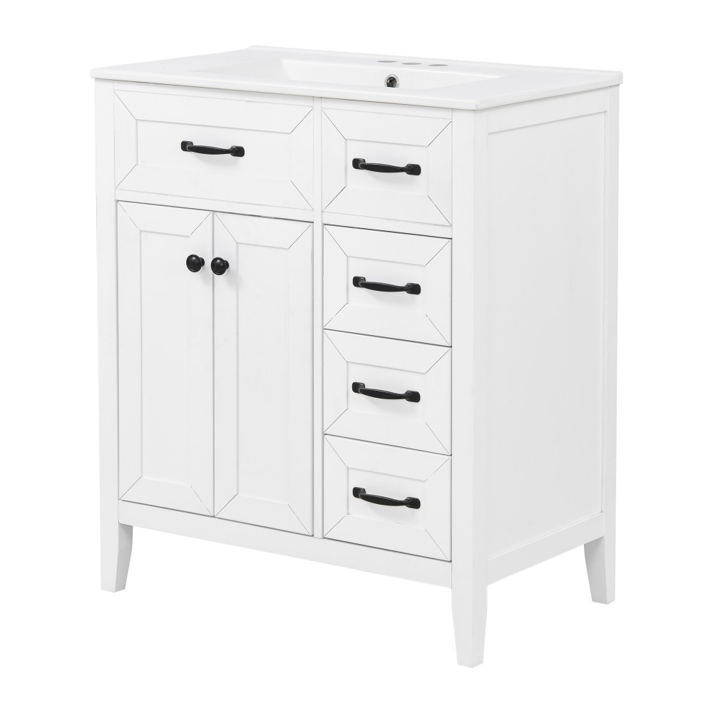 30″ White Bathroom Vanity with Ceramic Sink Freestanding Vanity with Black Metal