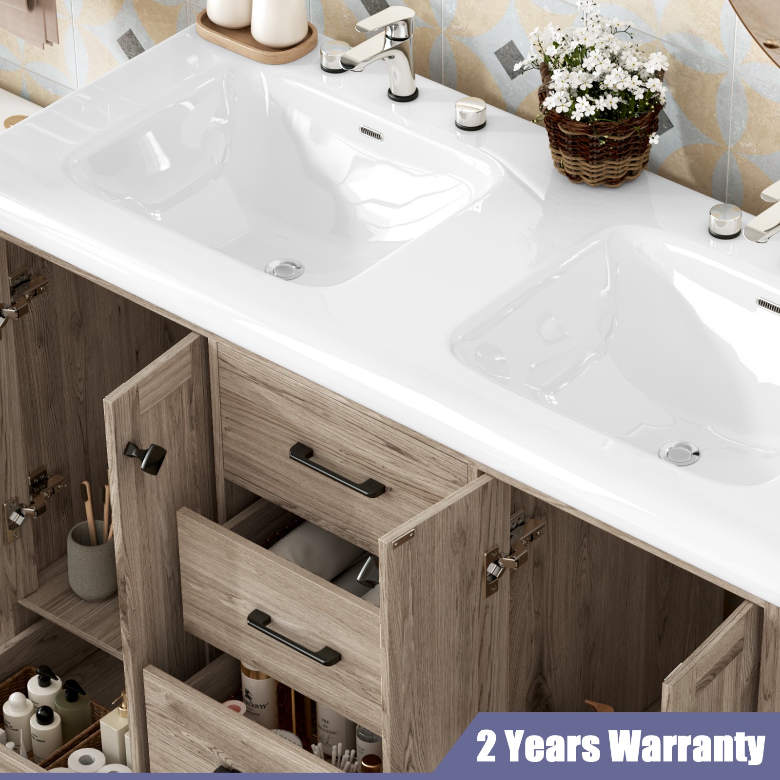 Bathroom Vanity Cabinet with Double Sink Vanity with Ceramic Sink Freestanding