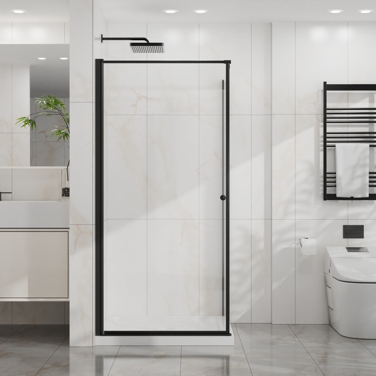 36×36 Corner Shower Enclosure with Frameless Door and Tempered Glass Base