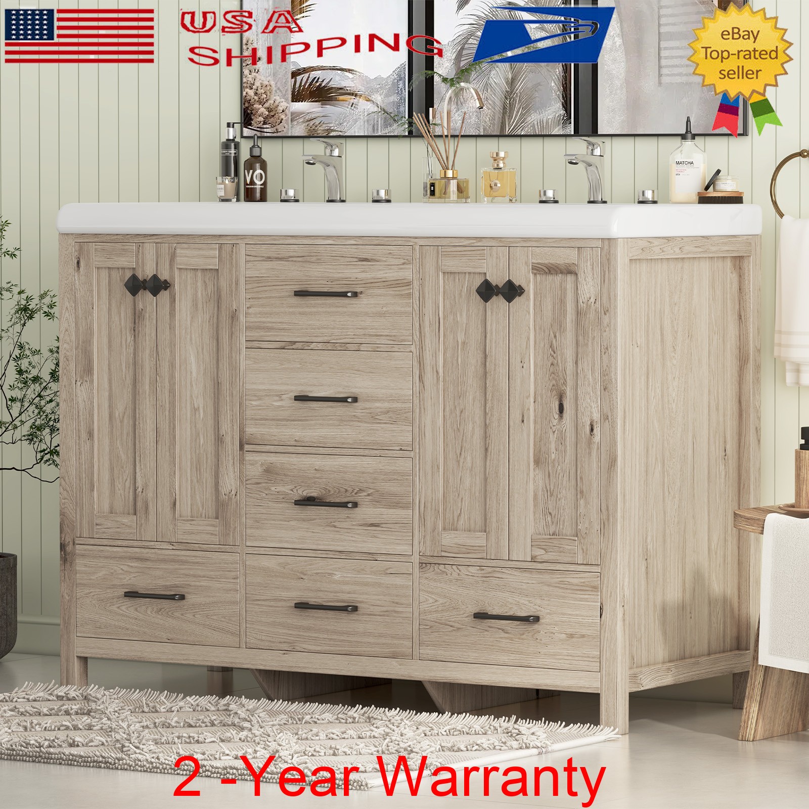 47.3″ Bathroom Vanity With Double Sink Stoarge Drawers Cabinets No Mirror Faucet