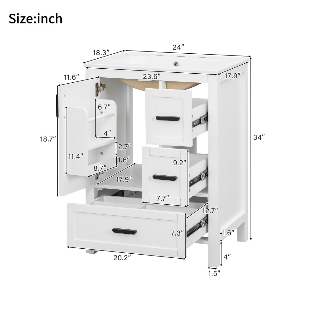 Bathroom vanity with sink Features double-door cabinet Includes three drawers