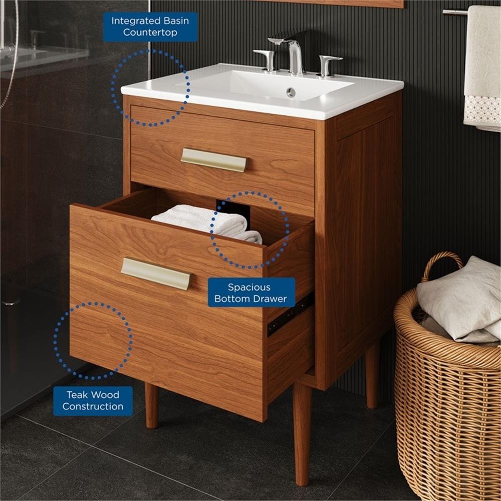 Pemberly Row 24.5″ Modern Wood & Ceramic Bathroom Vanity in Natural/White