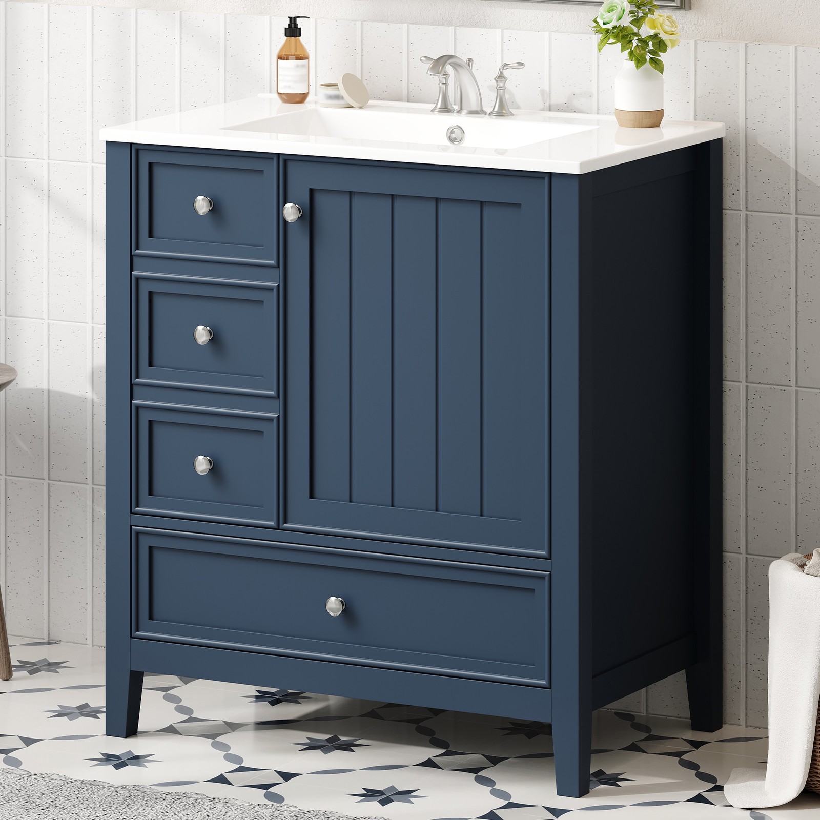 30″ Blue Bathroom Vanity with Sink, 1 Cabinet & 3 Drawers, Solid Wood & MDF