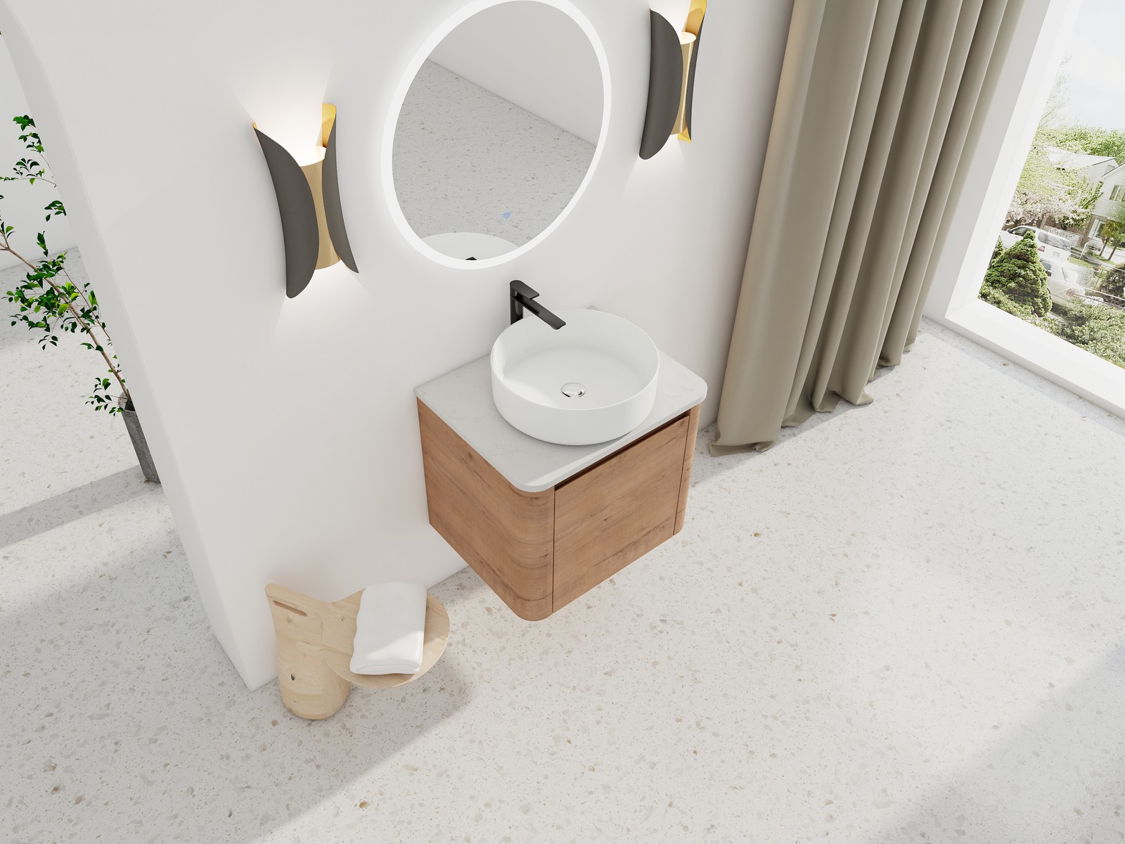 24 In Bathroom Vanity With White Flat Stone Slab Top White Ceramic Vessel Sink