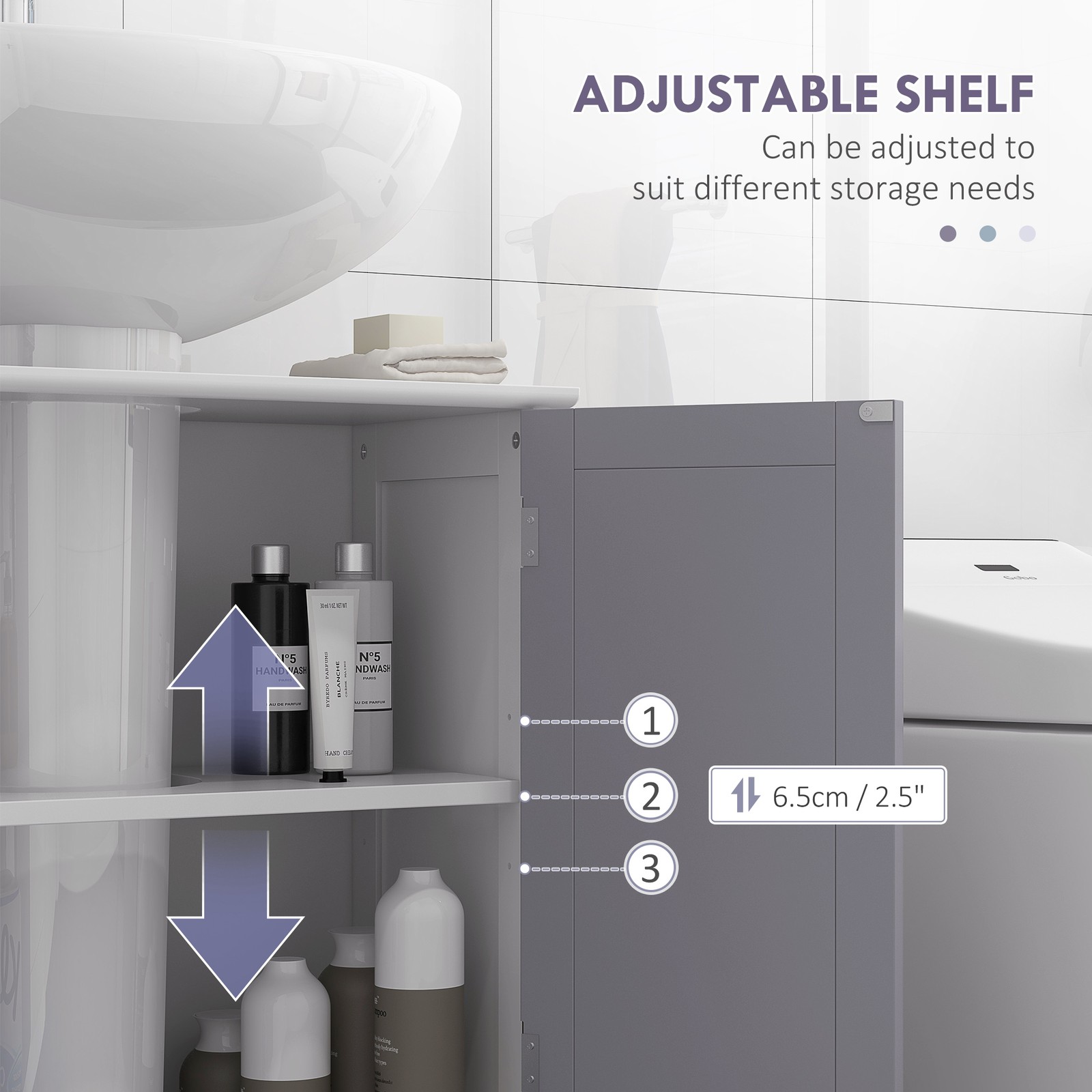Under Sink Storage Cabinet, White & Gray Bathroom Vanity w/ Adjustable Shelf,