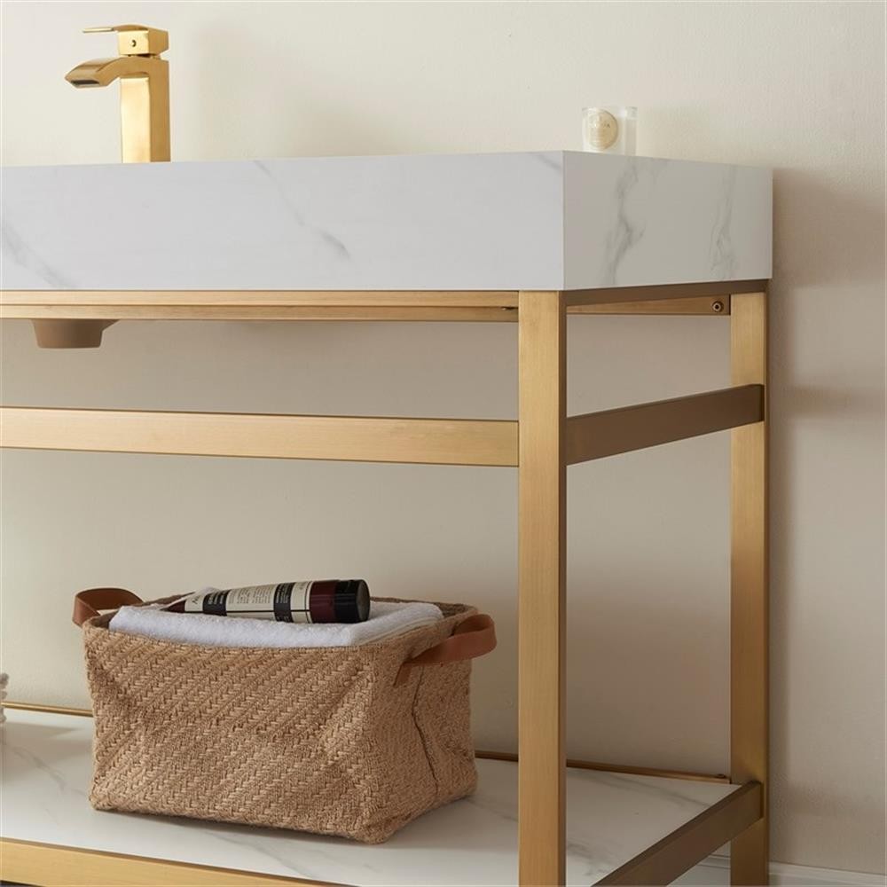 Funes 48″ Single Sink Bathroom Vanity in Brushed Gold Frame White Top No Mirror