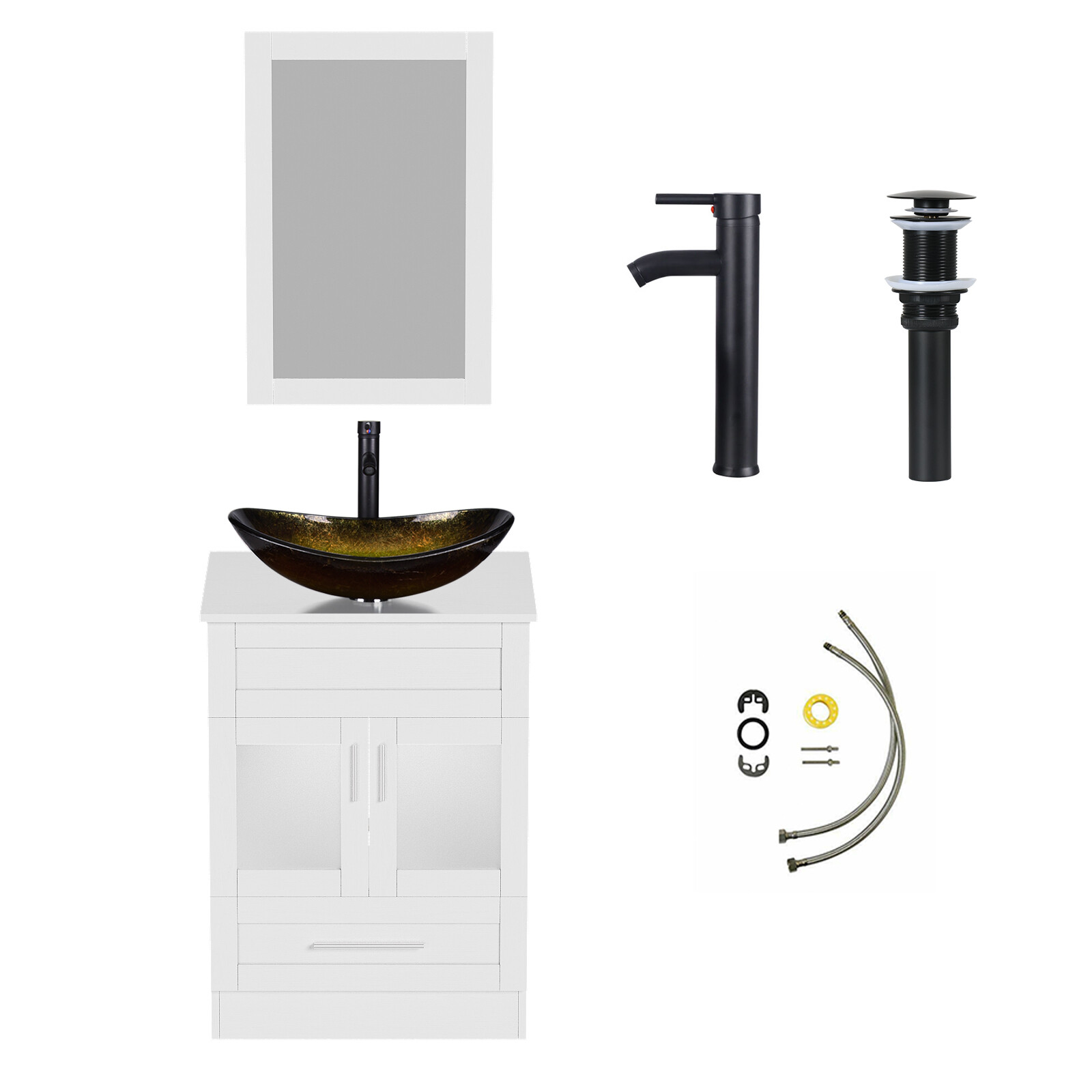 24″ Bathroom Vanity with Glass Sink Mirror Pop-Up Drain and Faucet