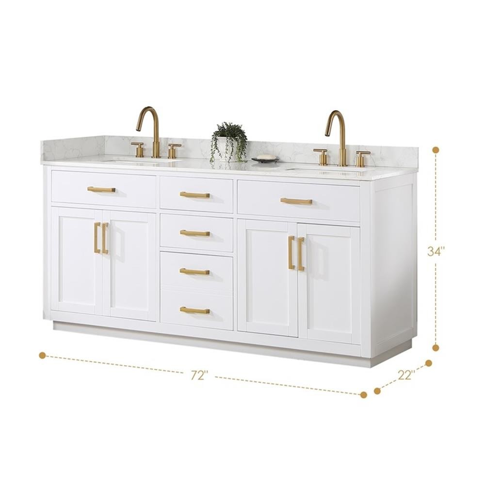 Gavino 72″ Wood Vanity in White with Grain White Composite Stone Top and Mirror