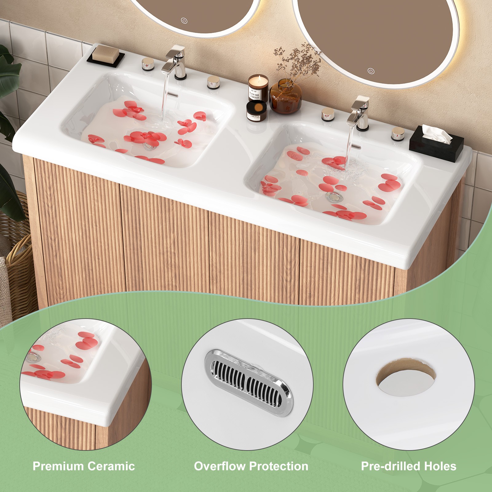 Large Bathroom Vanity Double Ceramic Sink Cabinet Storage Freestanding