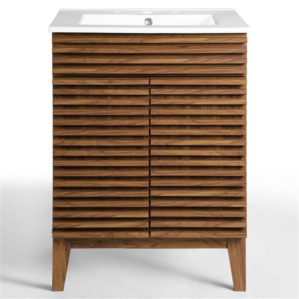 Maklaine Contemporary Wood Bathroom Vanity in Walnut and White