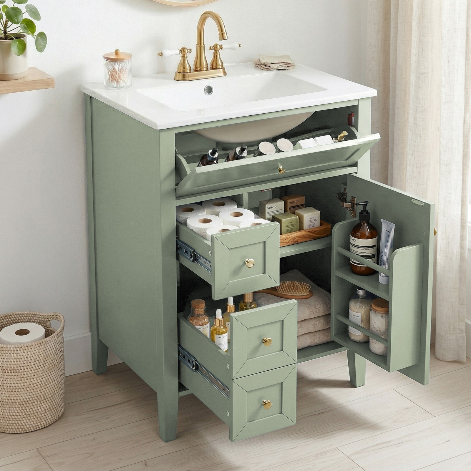 24″ Light Green Bathroom Vanity with Ceramic Sink and Storage Drawers
