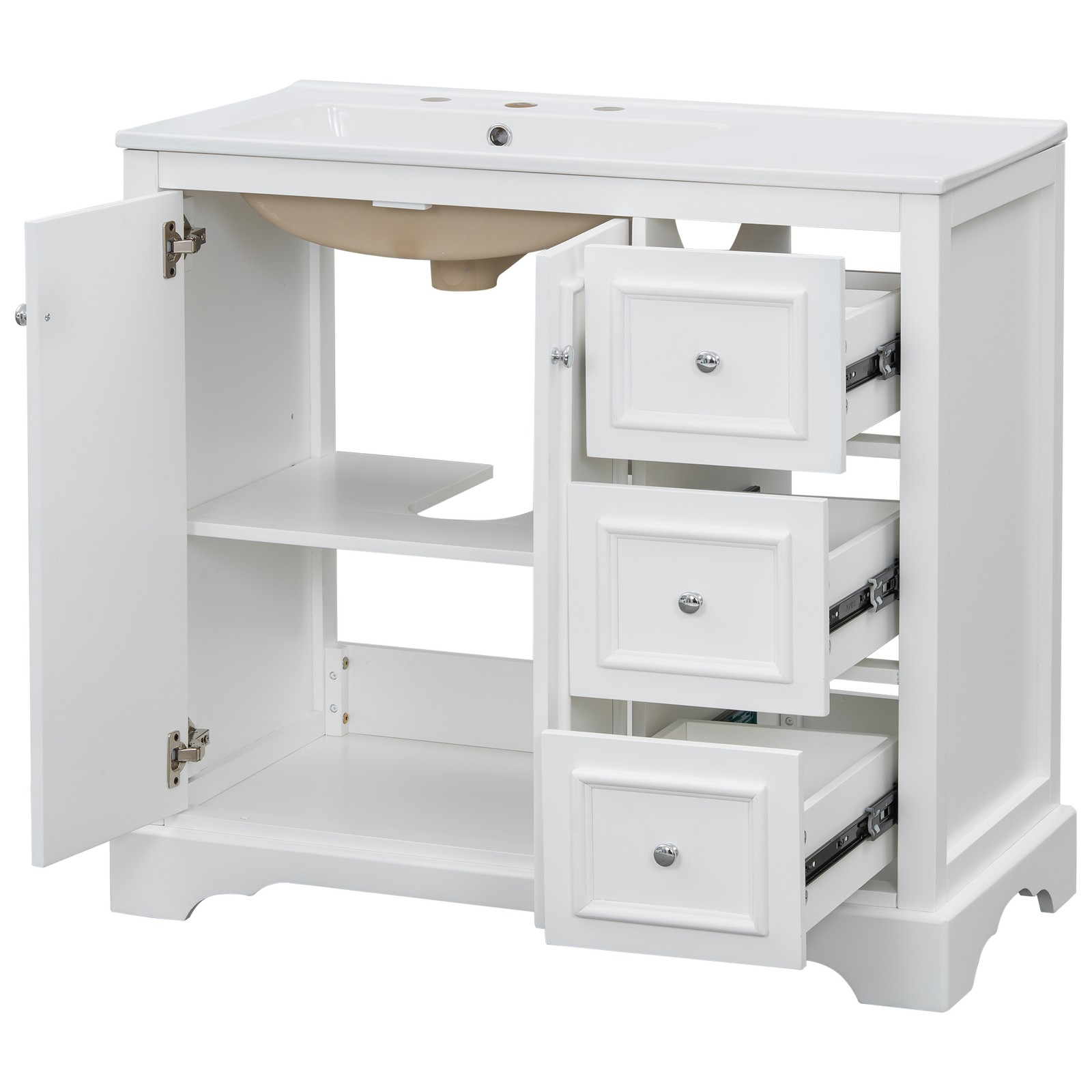 36″ White Transitional Bathroom Vanity with Ceramic Sink