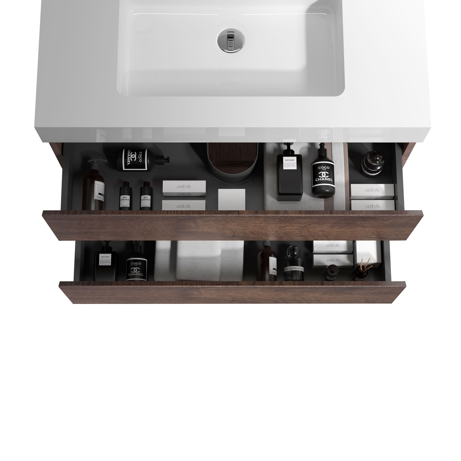 30″ Walnut Bathroom Vanity with Sink Wall Mounted Floating Design White Basin