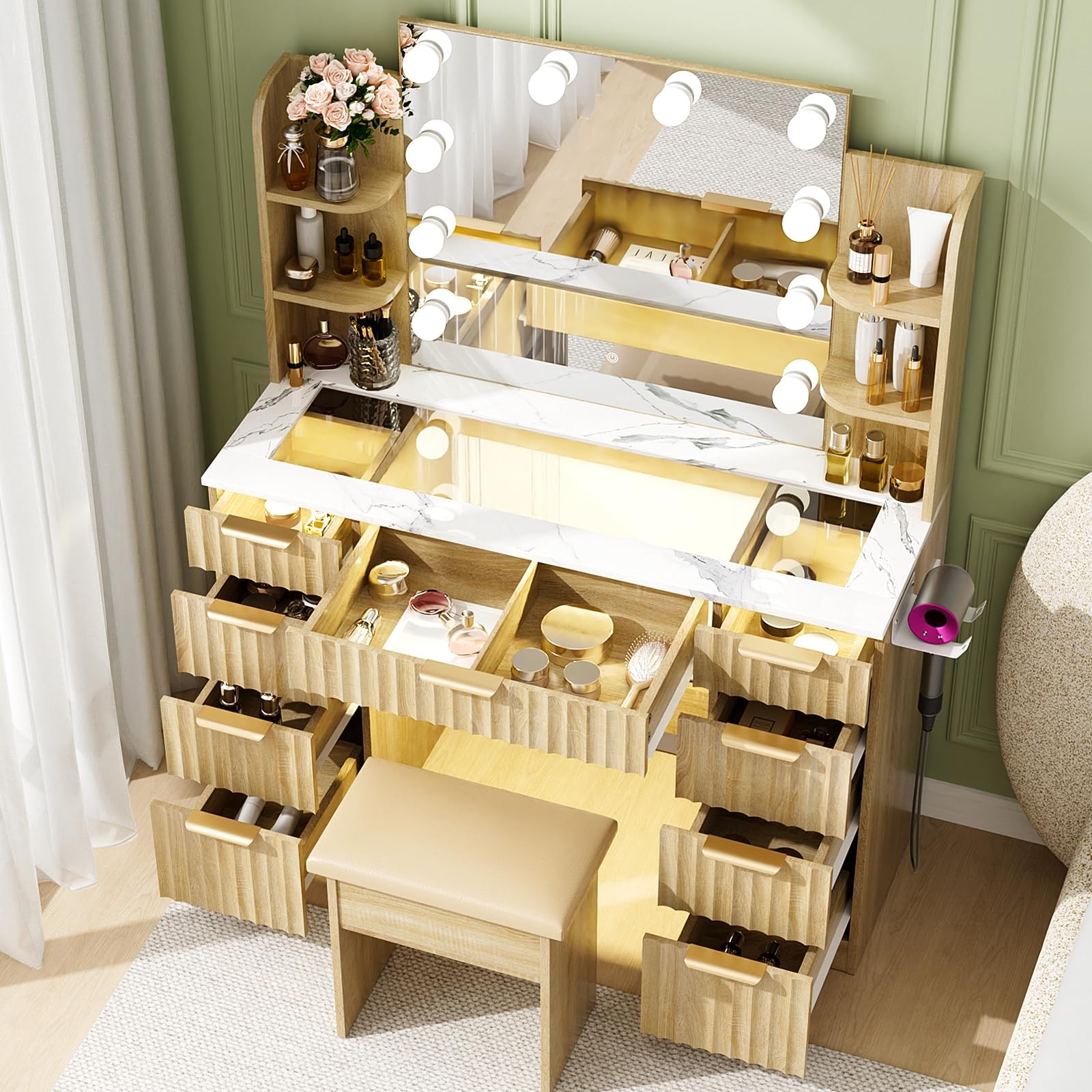 Fluted Vanity with Mirror Lights 43in Glass Top 9 Drawers Outlet Marble