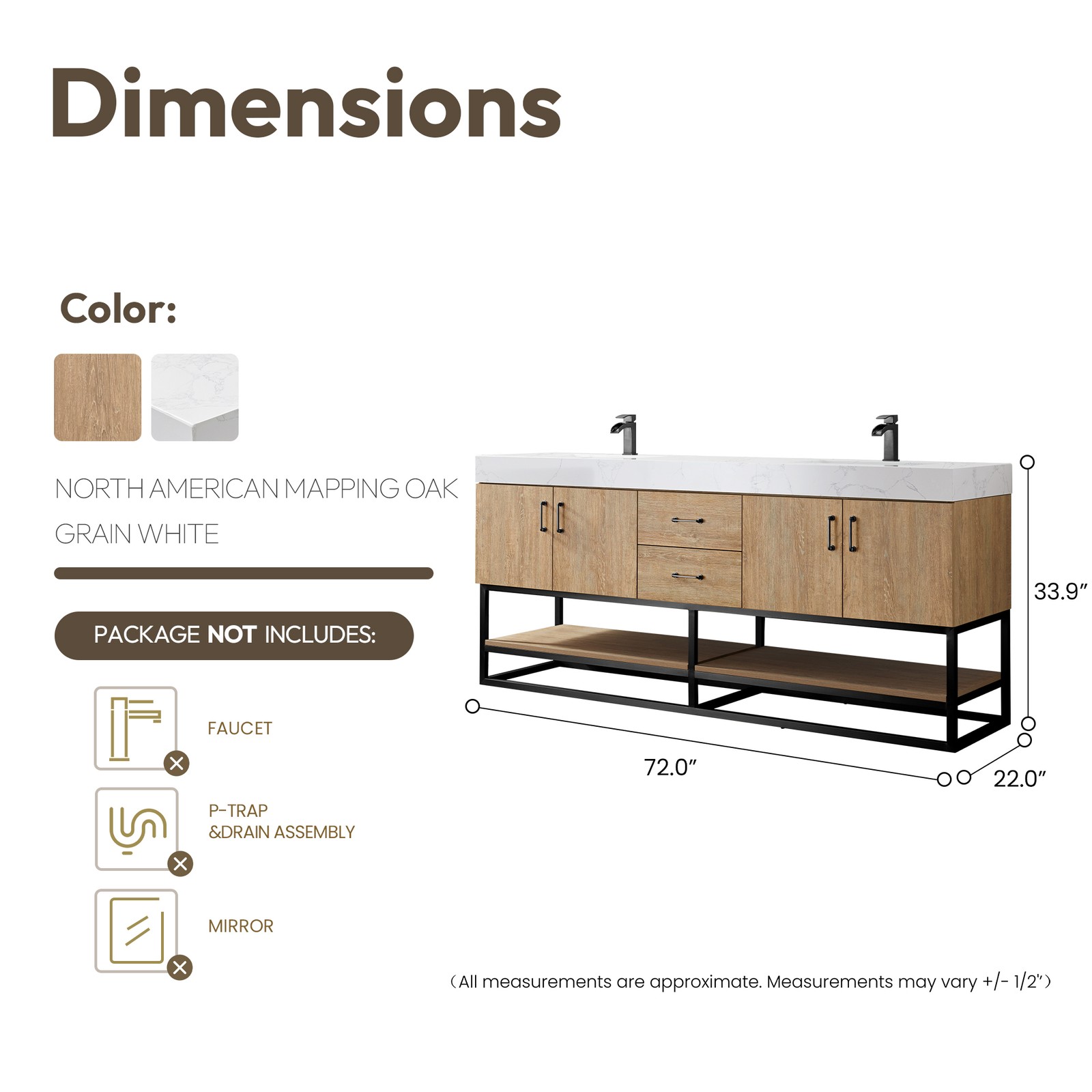 Vinnova Alistair 72″ White Stone Top Oak Double Vanity Black Frame w/o Mirror