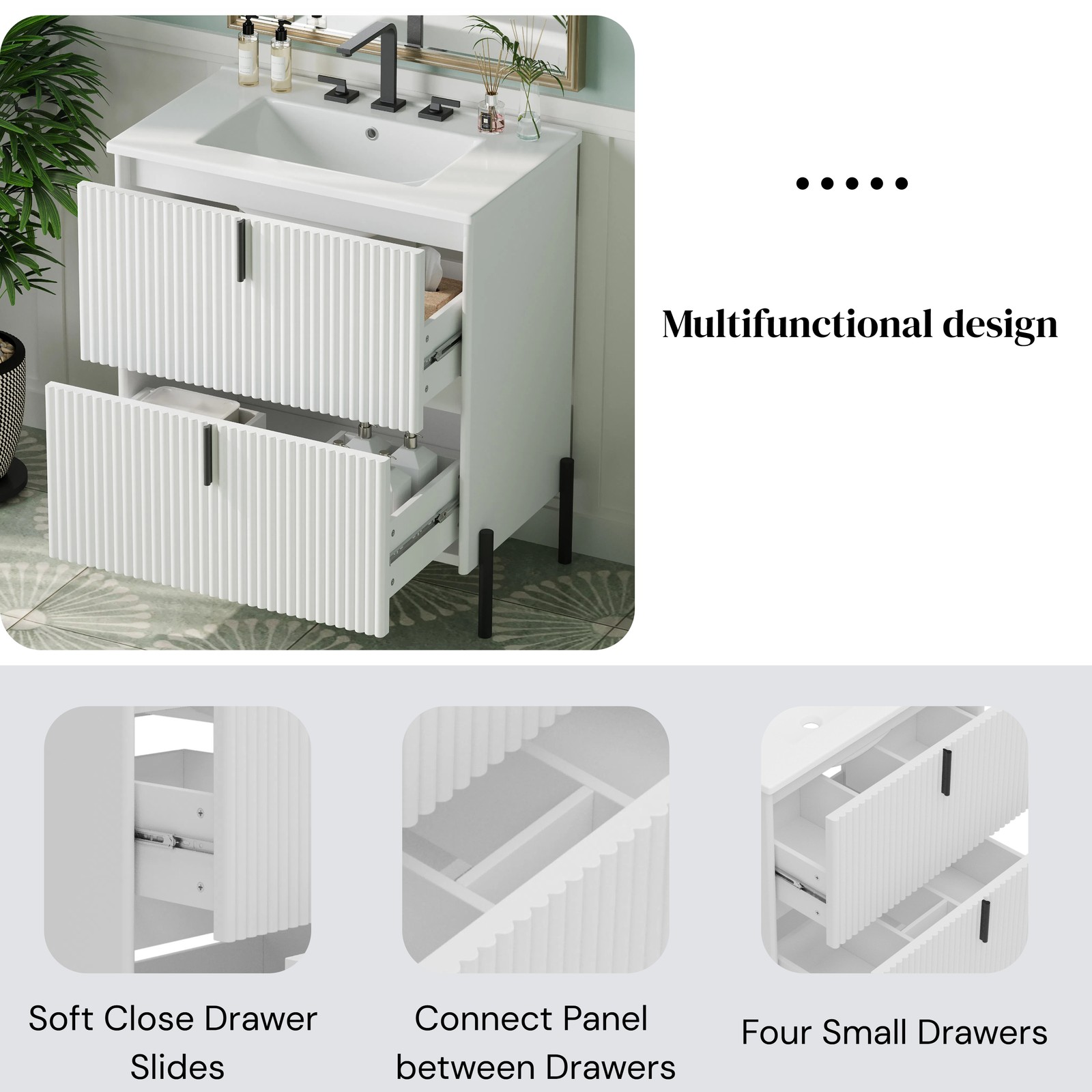 30″ White Bathroom Vanity with Ceramic Sink & Soft Close Drawers
