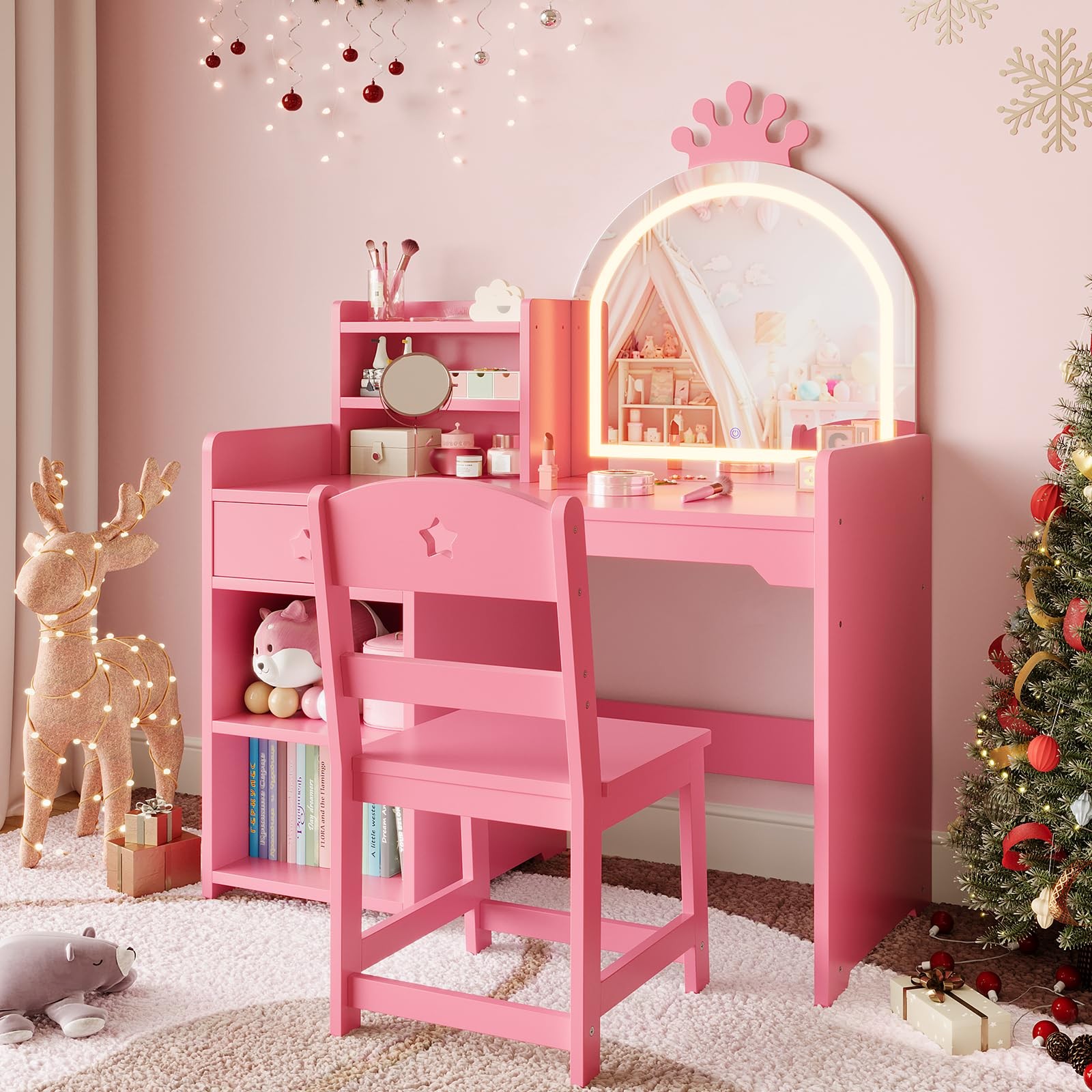 Kids Vanity with Lights 2-in-1 Princess Makeup Table Chair Set Bookshelf Pink