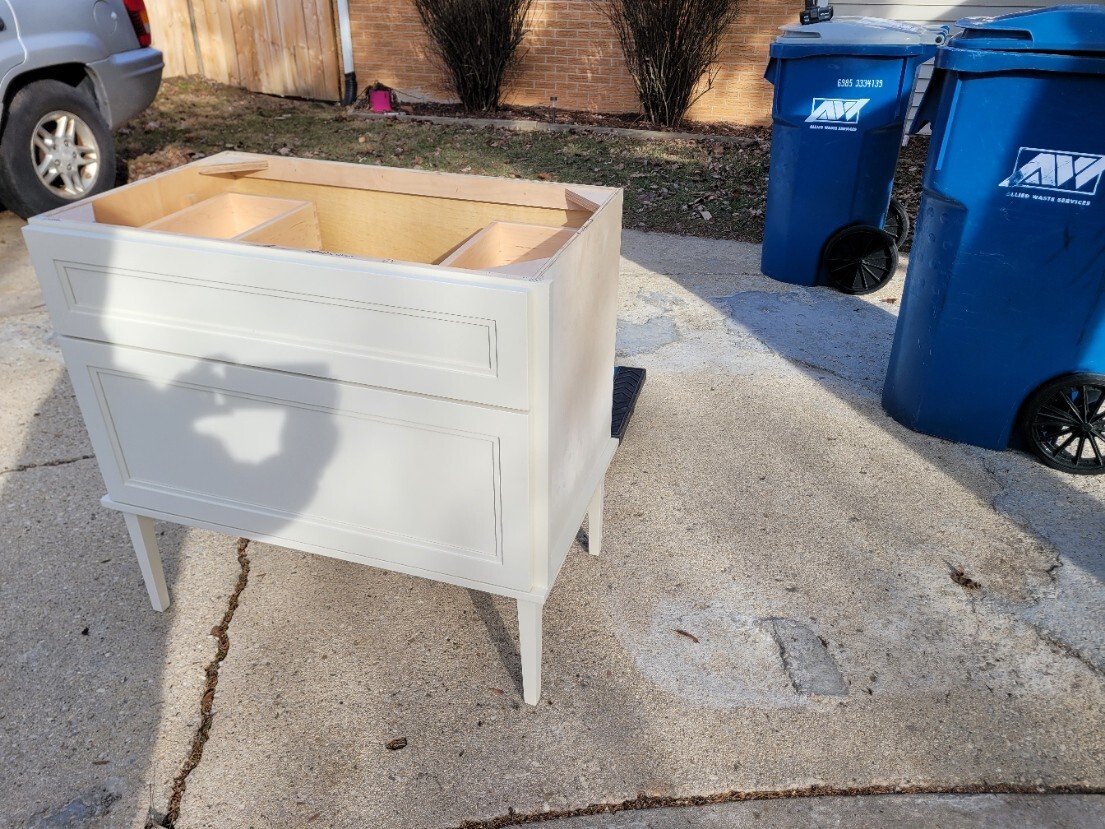 36″ Maple Painted Bath Vanity – Amish made. Two drawers. Left side finished.