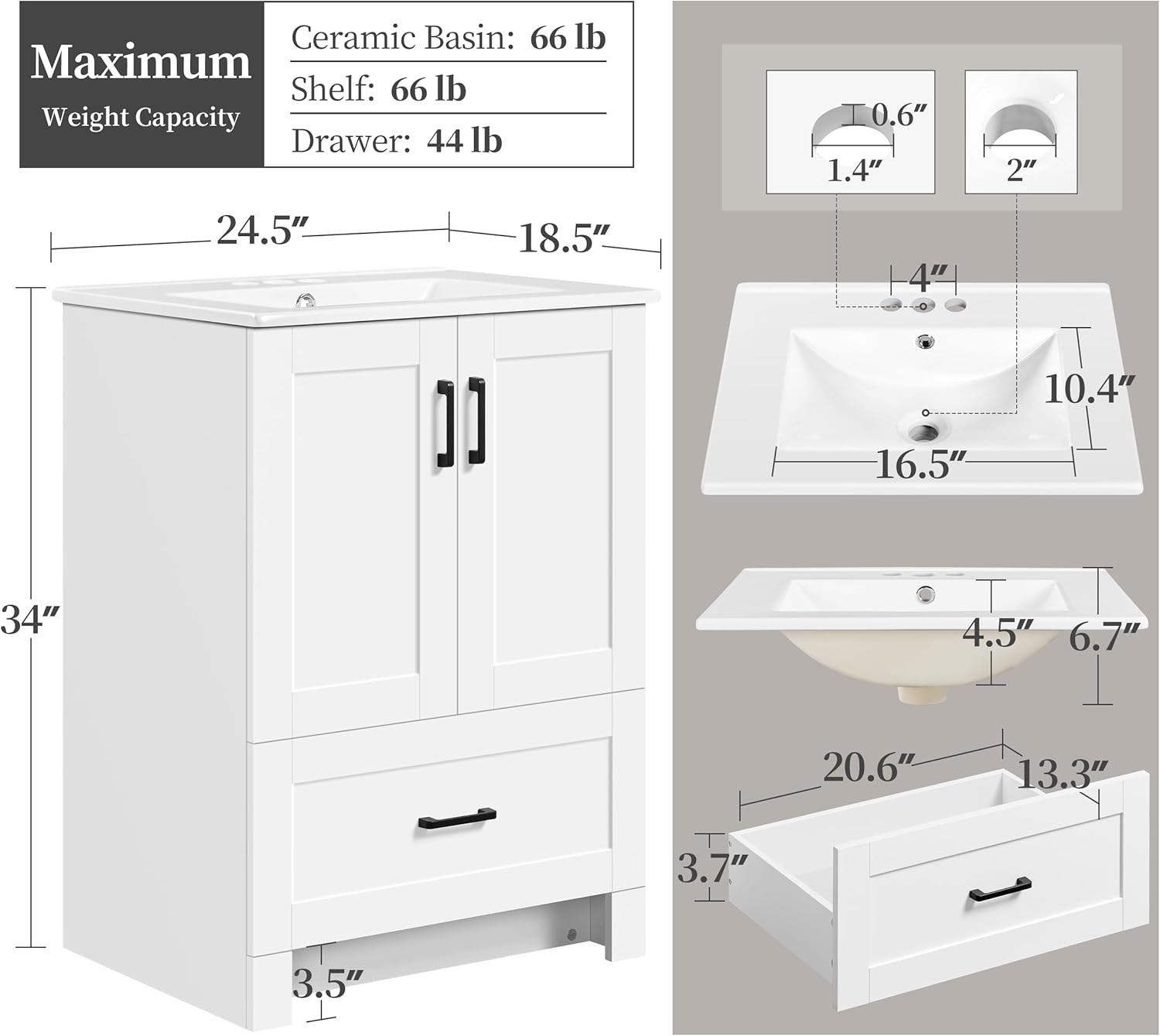 24.5″ Modern Bathroom Vanity with Ceramic Basin, Undermount Vanity Sink Cabinet