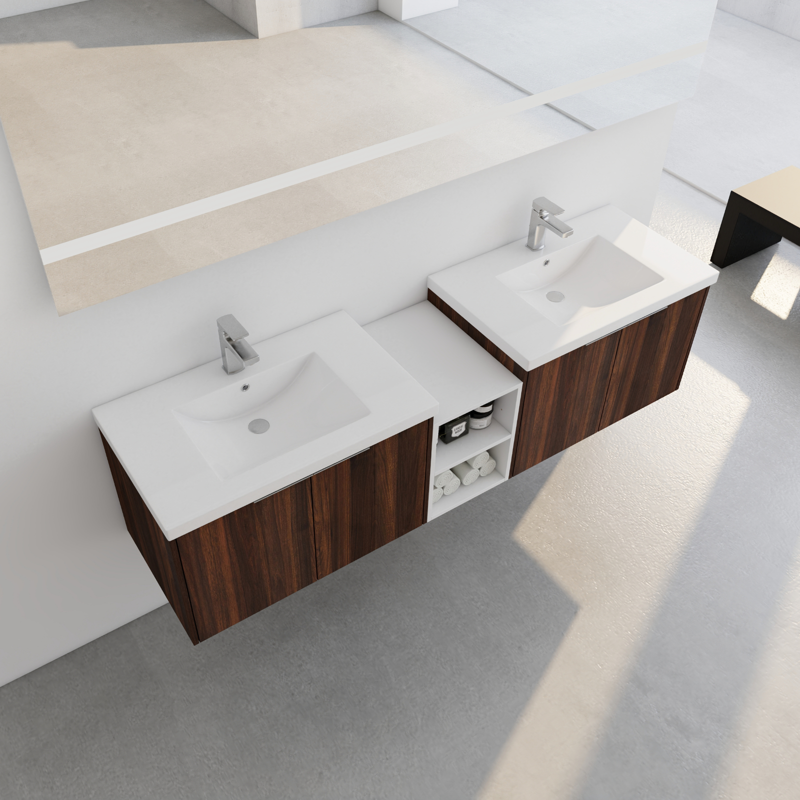 2X 30″ Bathroom Vanity Cabinet With Resin Sink +12″ Small Storage Shelves Walnut