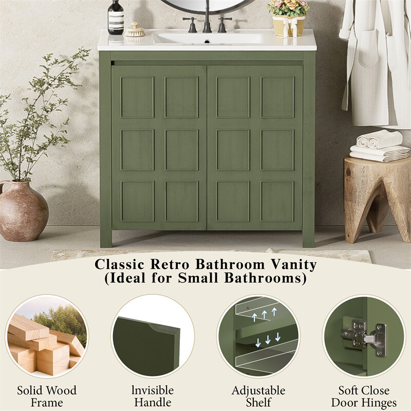 36″ Retro Wood Bathroom Vanity Cabinet with Sink Combo Set and Soft Closing Door