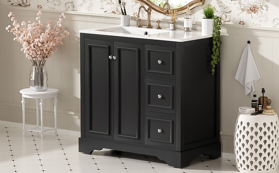 36 Inch Transitional Bathroom Vanity with Ceramic Sink, Black