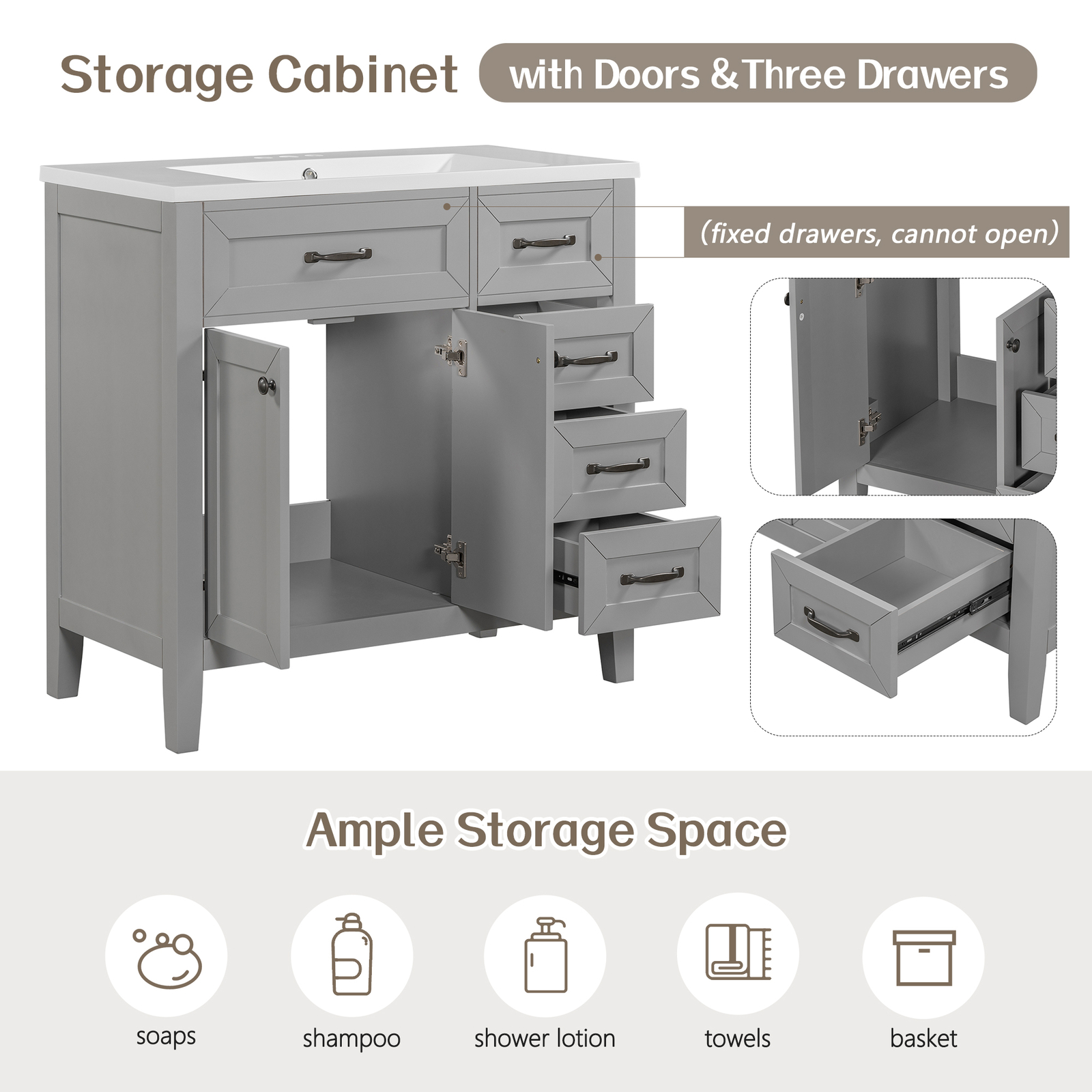 36″ Single Bathroom Vanity Bathroom Storage Cabinet (Sink Basin Not Included)