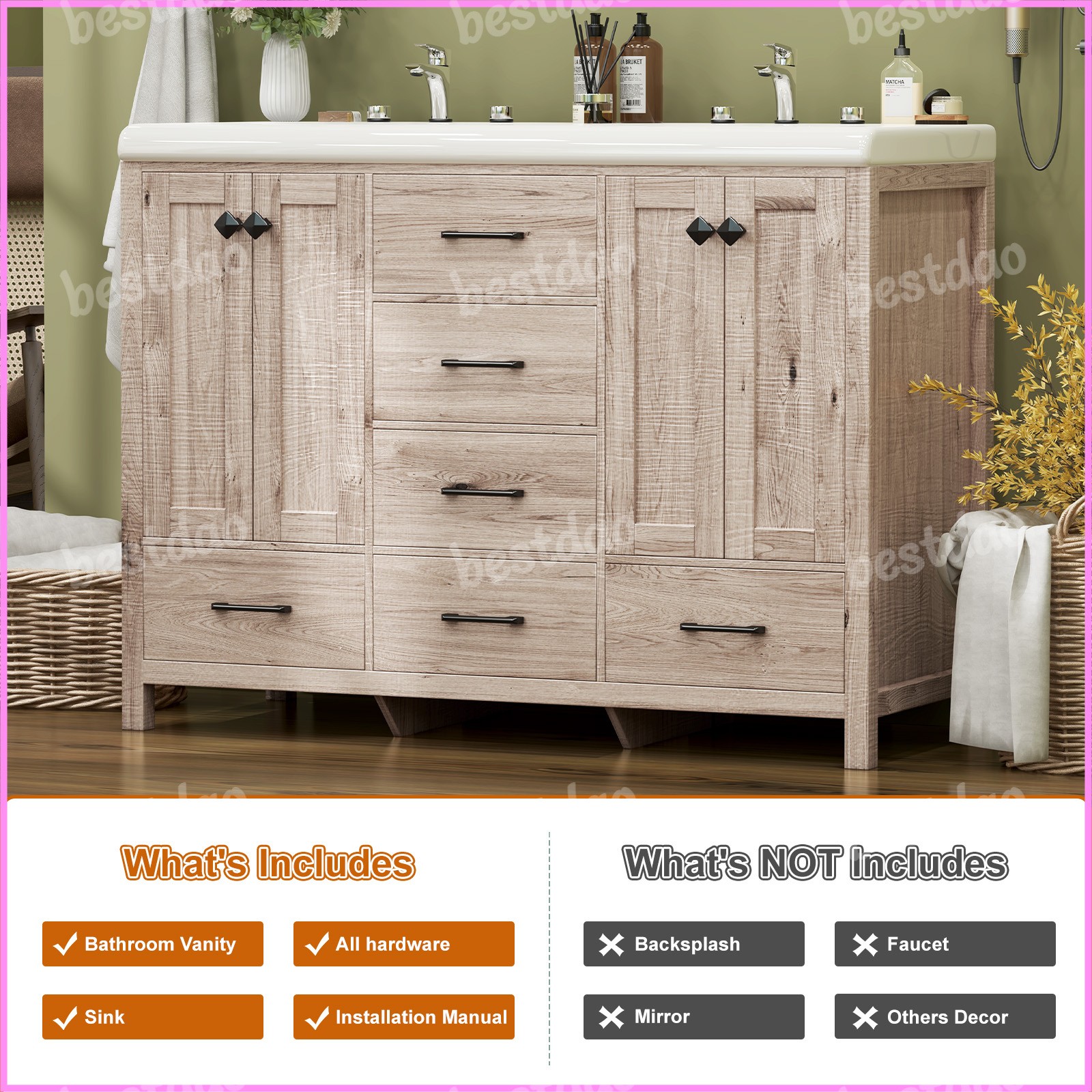 47″ Freestanding Bathroom Cabinet with Double Sink Black Vanity w/ Ceramic Sink