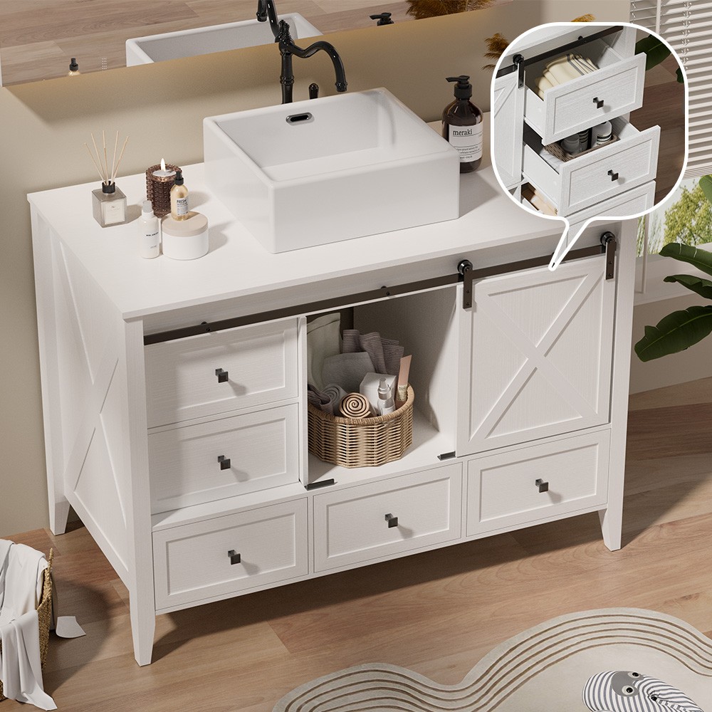 48″ Bathroom Vanity Wood Grain Cabinet with Ceramic Sink NO Faucet Combo Set