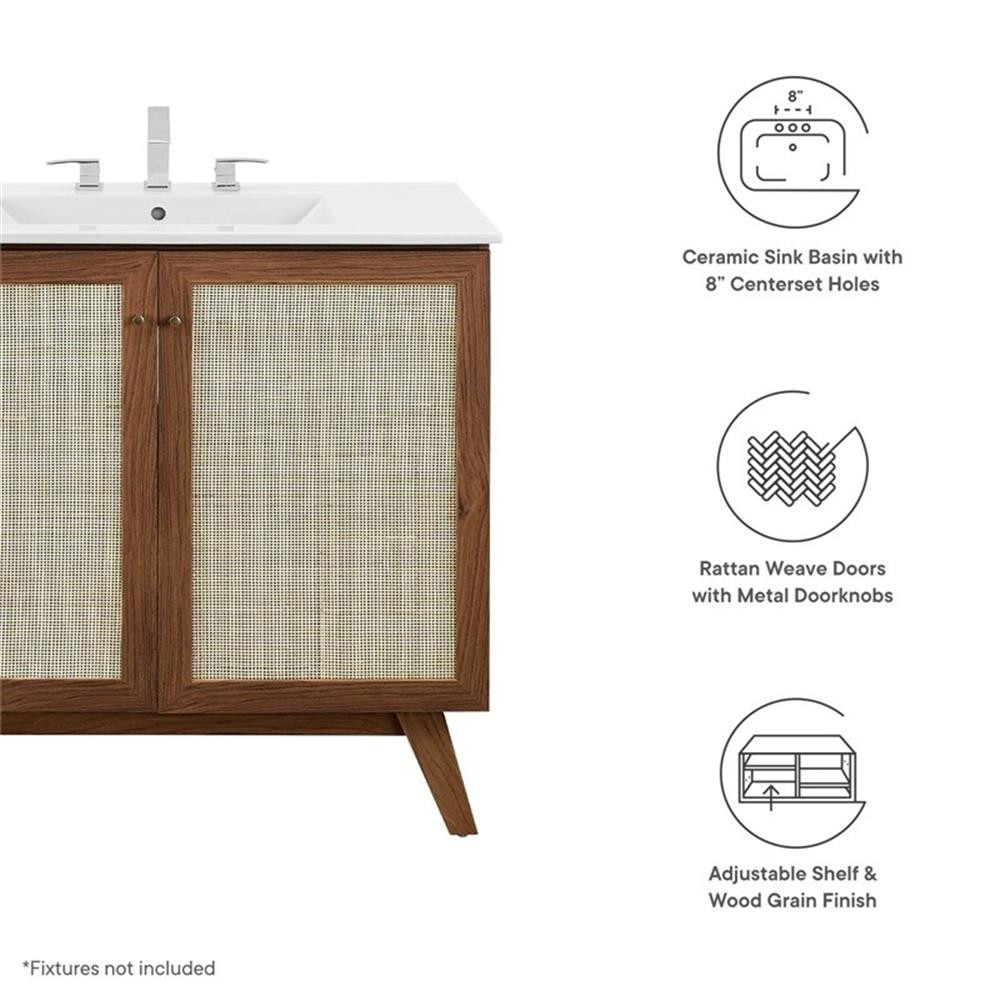 Modway Soma 36″ Modern Wood Bathroom Vanity with Rattan Door in Walnut/White