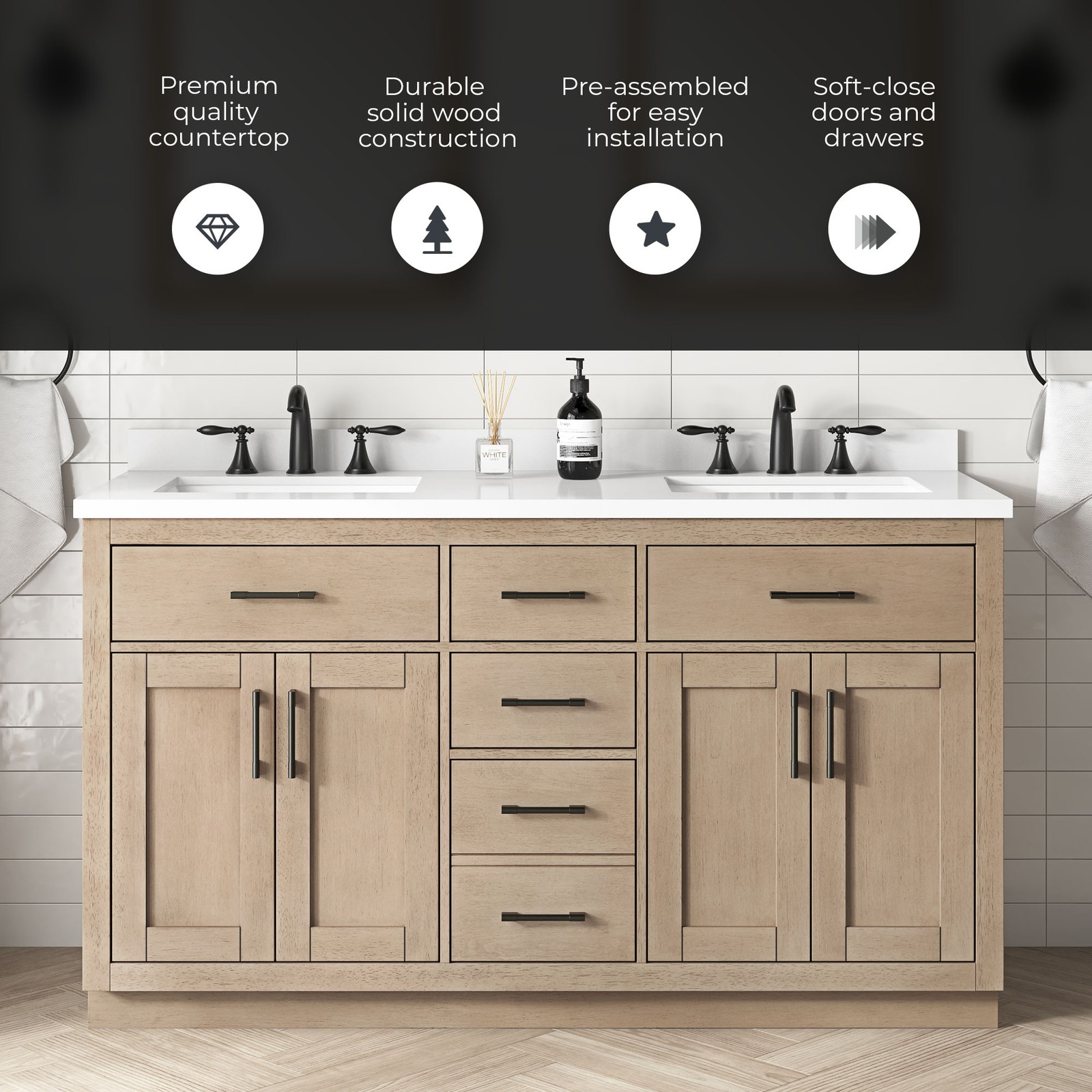 Bailey 60″ Double Bathroom Vanity in Sahara Birch with White Countertop