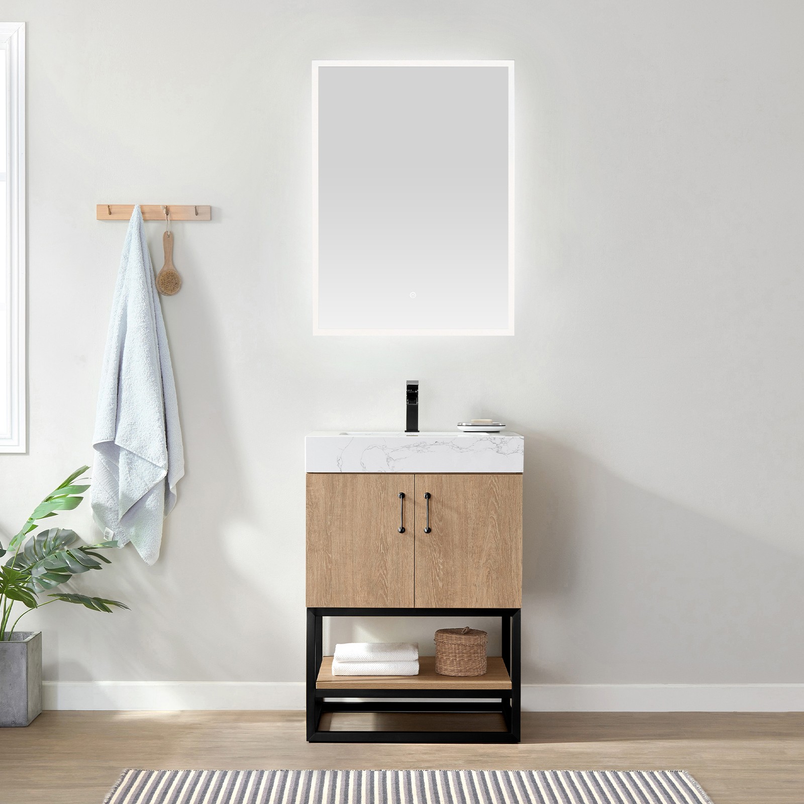 Vinnova Alistair 24″ White Stone Top Oak Single Vanity Black Frame w/o Mirror