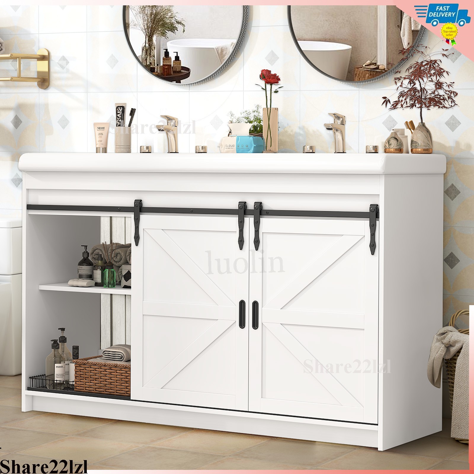 47 inch Double Sink Bathroom Vanity Cabinet Ceramic Vessel Sink w/ Sliding Doors