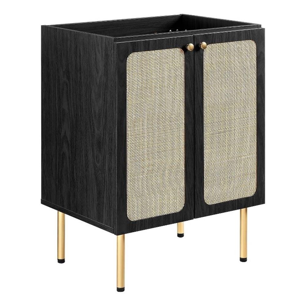 Pemberly Row 24″ Wood & Rattan Bathroom Vanity Cabinet in Black