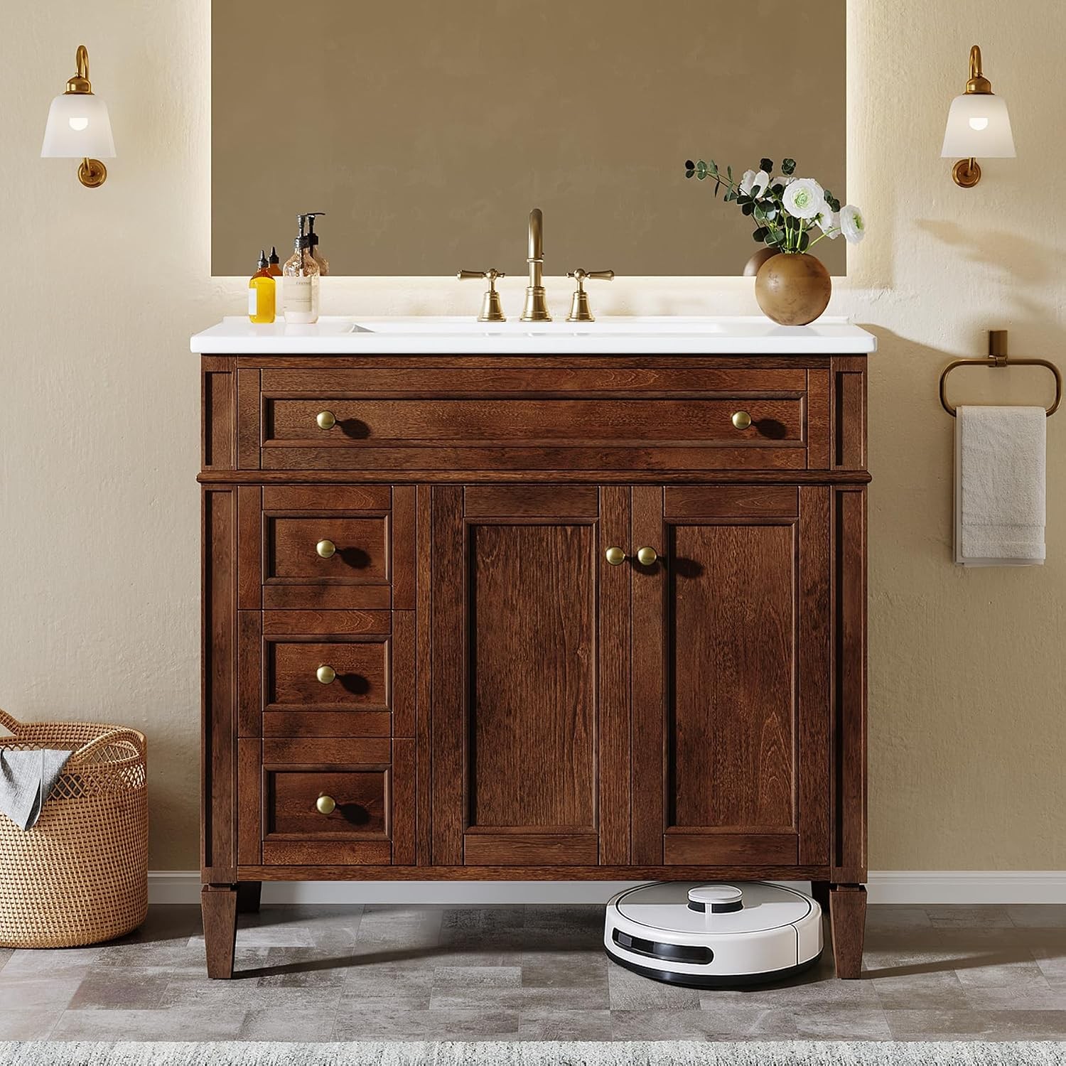 36 inch Bathroom Vanity With Sink Wood Bathroom Cabinet with 4 Drawers & 2 Doors