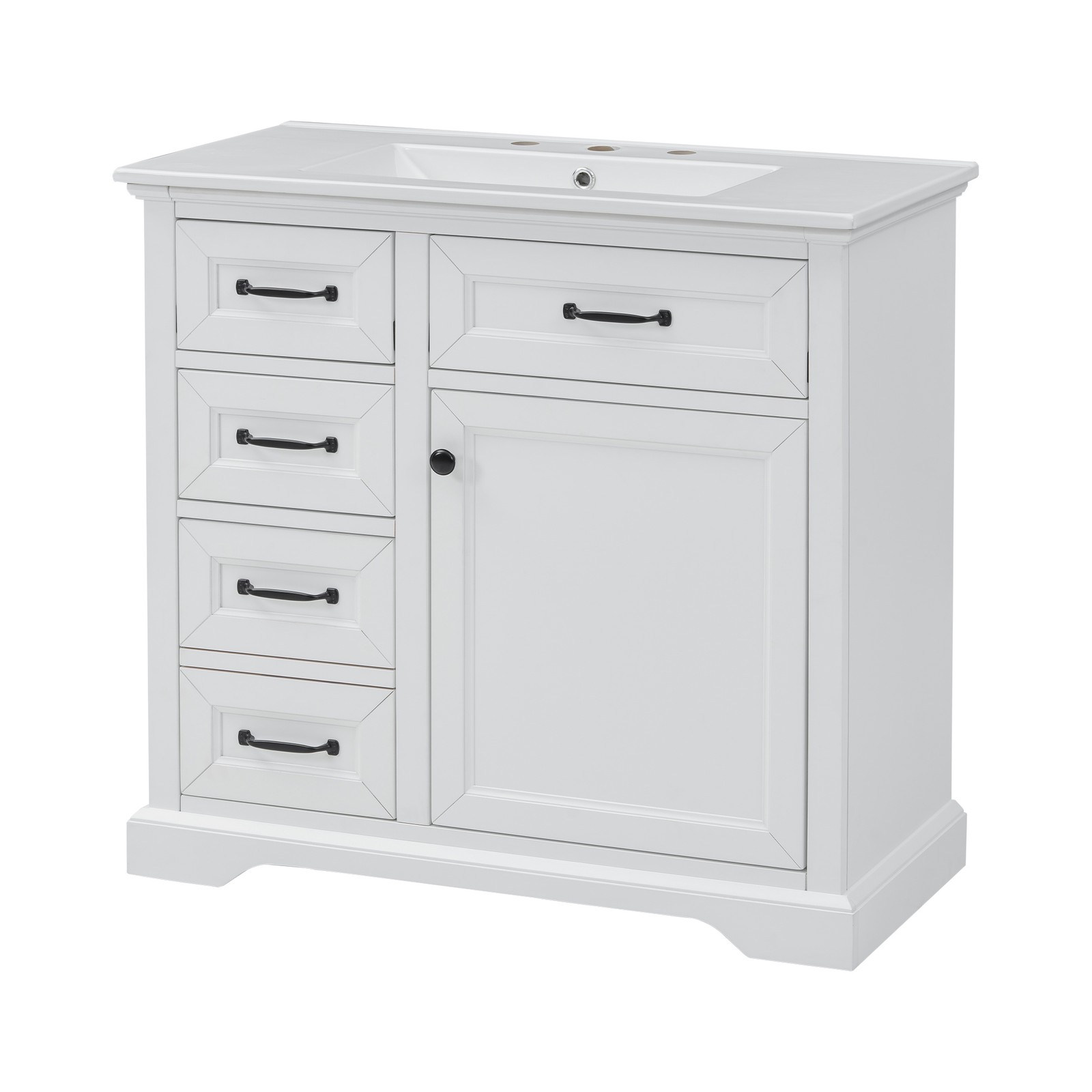 36″ Bathroom Vanity with Ceramic Sink Top, 4 Drawers & 1 Soft-Close Door