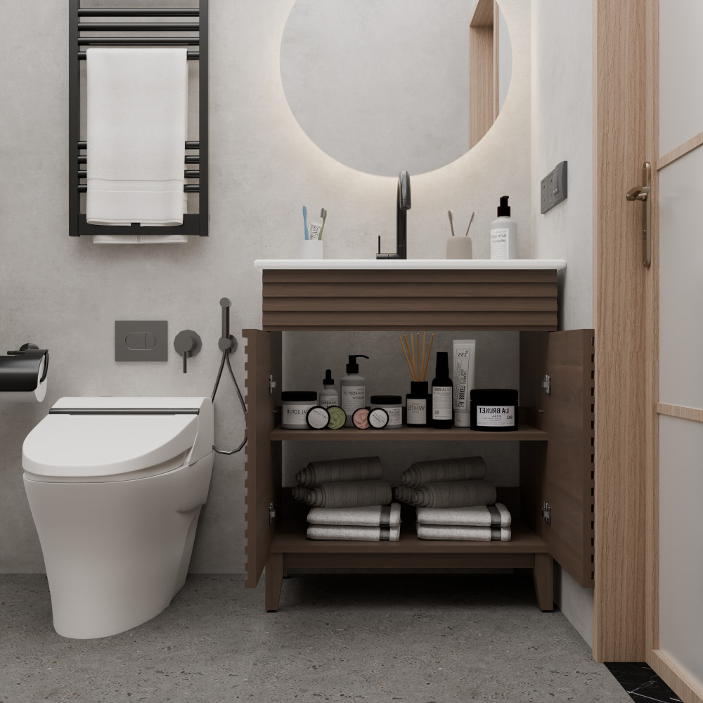 30 inch brown Bathroom Vanity with Louvered Doors and Sink Combo
