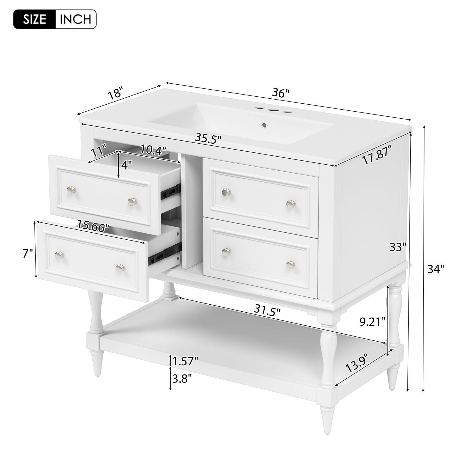 Elegant 36″ Bathroom Vanity Sink Combo, MDF Solid Wood Frame, 4 Drawers,