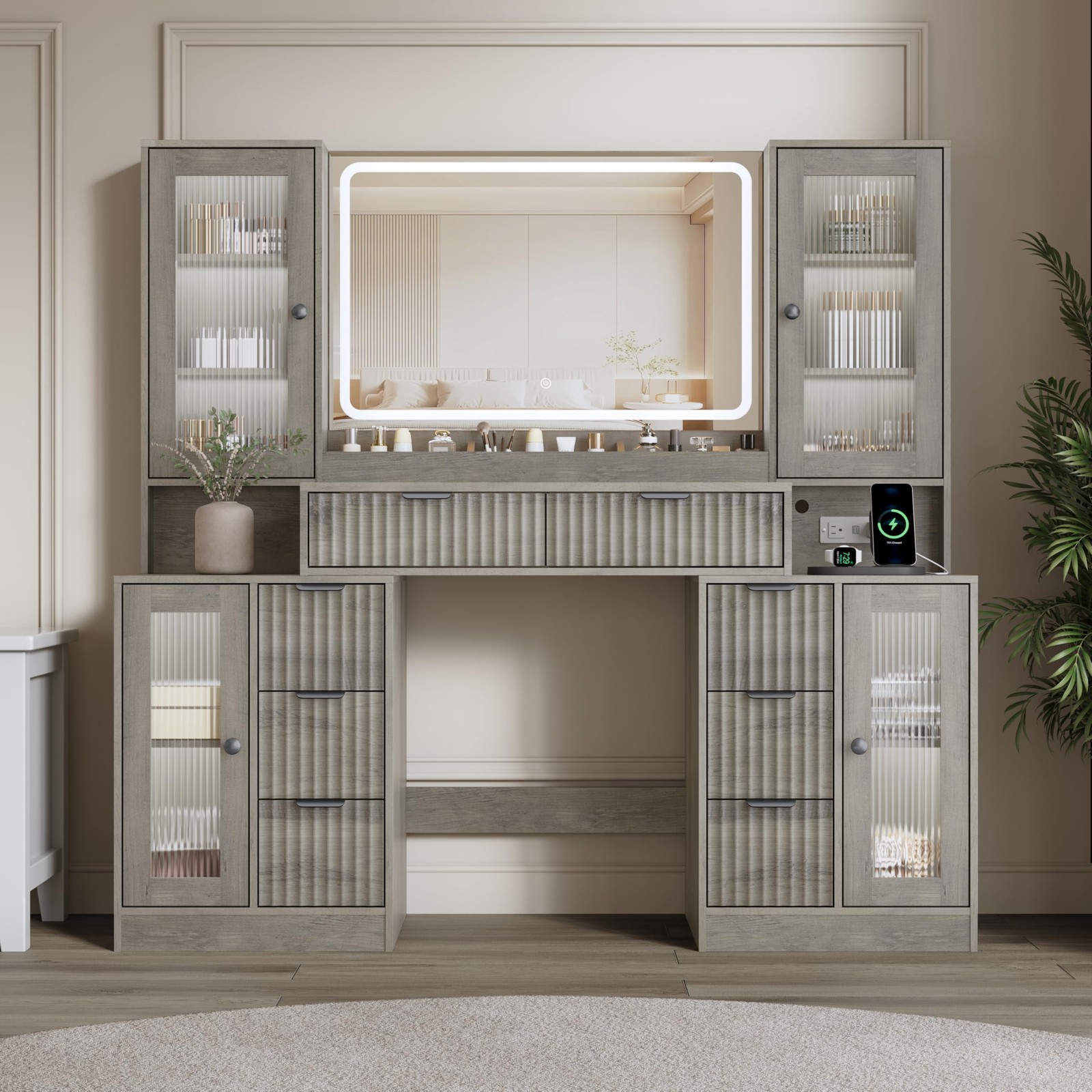 Fluted Vanity Desk with Mirror & Lights
