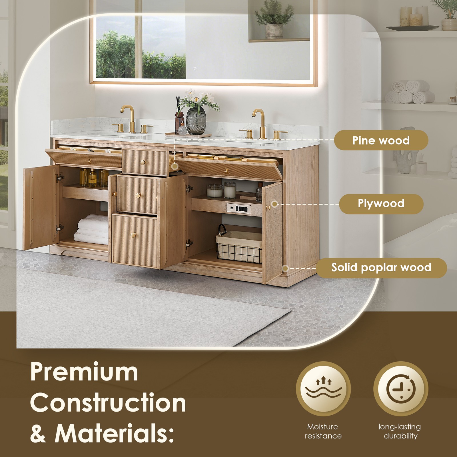Barnett 72″ Wood Vanity in Natural Oak with White Engineered Stone Top No Mirror