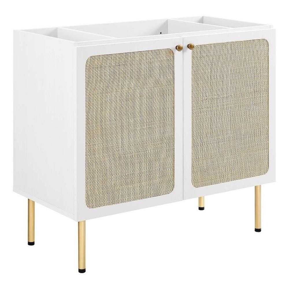 Pemberly Row 36″ Wood & Rattan Bathroom Vanity Cabinet in White