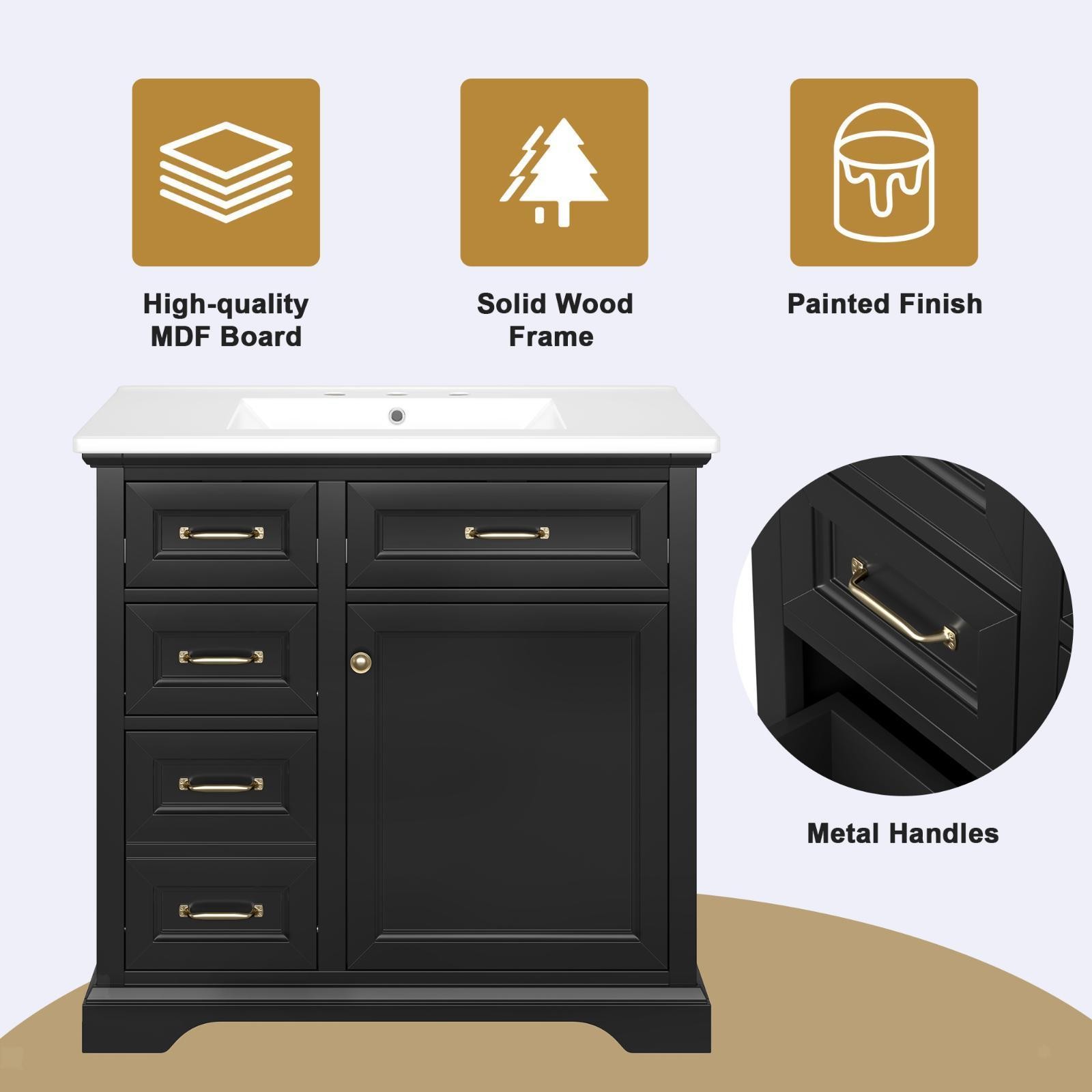 36-Inch Bathroom Vanity with Ceramic Sink Top, 4 Drawers And 1 Soft-Close Door,