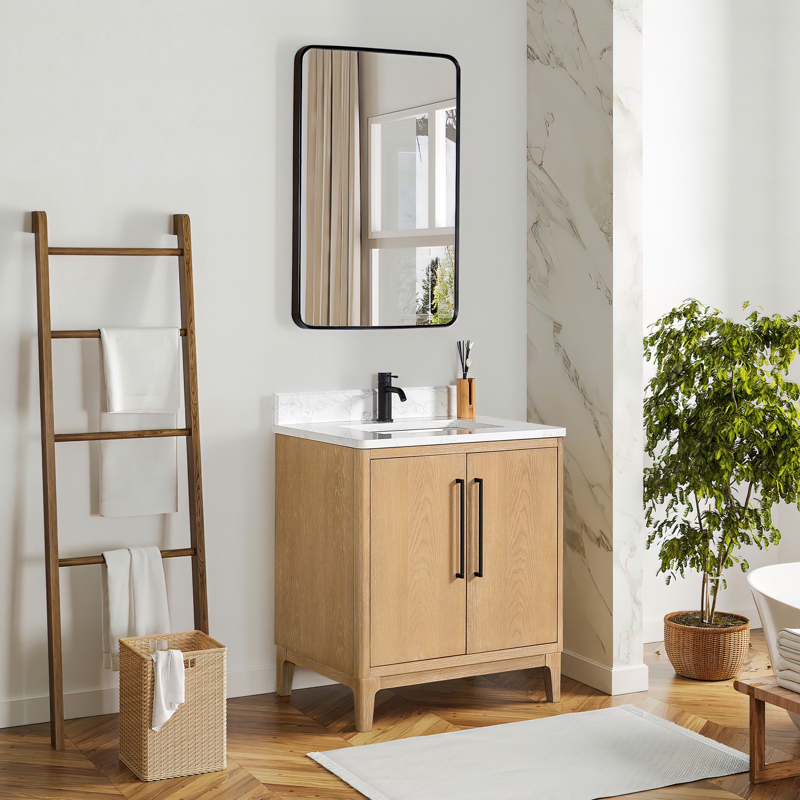 Gara 30″ Single Bath Vanity in Washed Ash Grey w/ White Grain Composite & Mirror