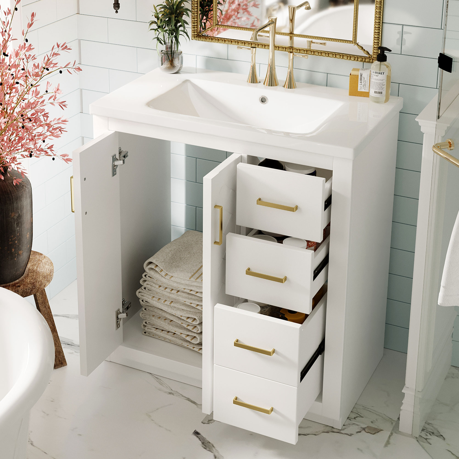 30” Freestanding Bathroom Vanity with Ceramic Sink 2 Doors and 3 Drawers White