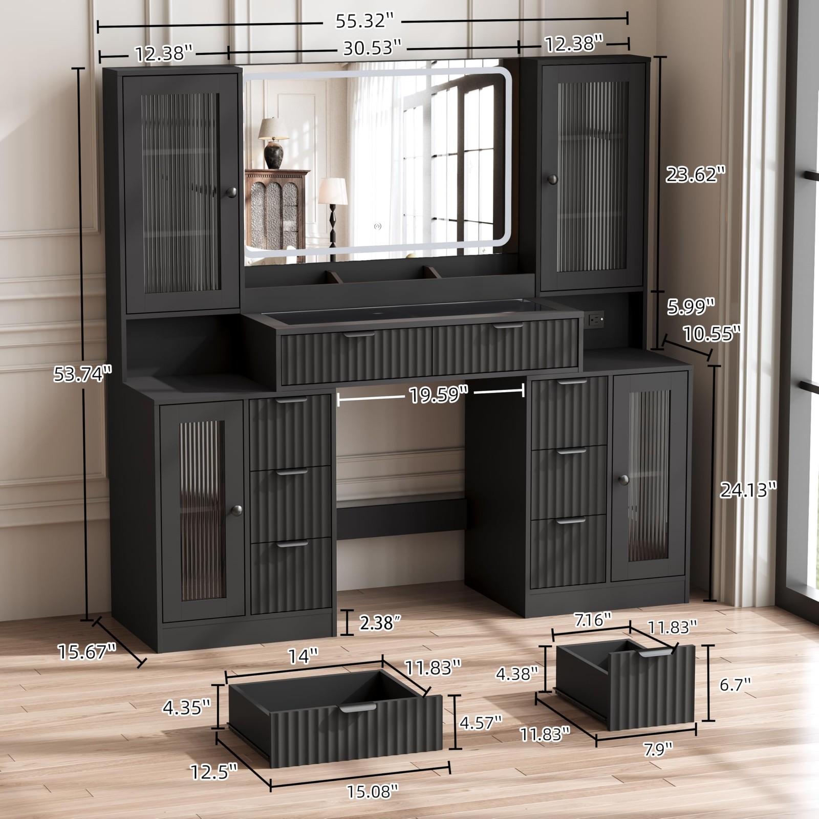 55 Vanity Desk with Mirror Lights 8 Drawers Tempered Glass RGB Charging Station